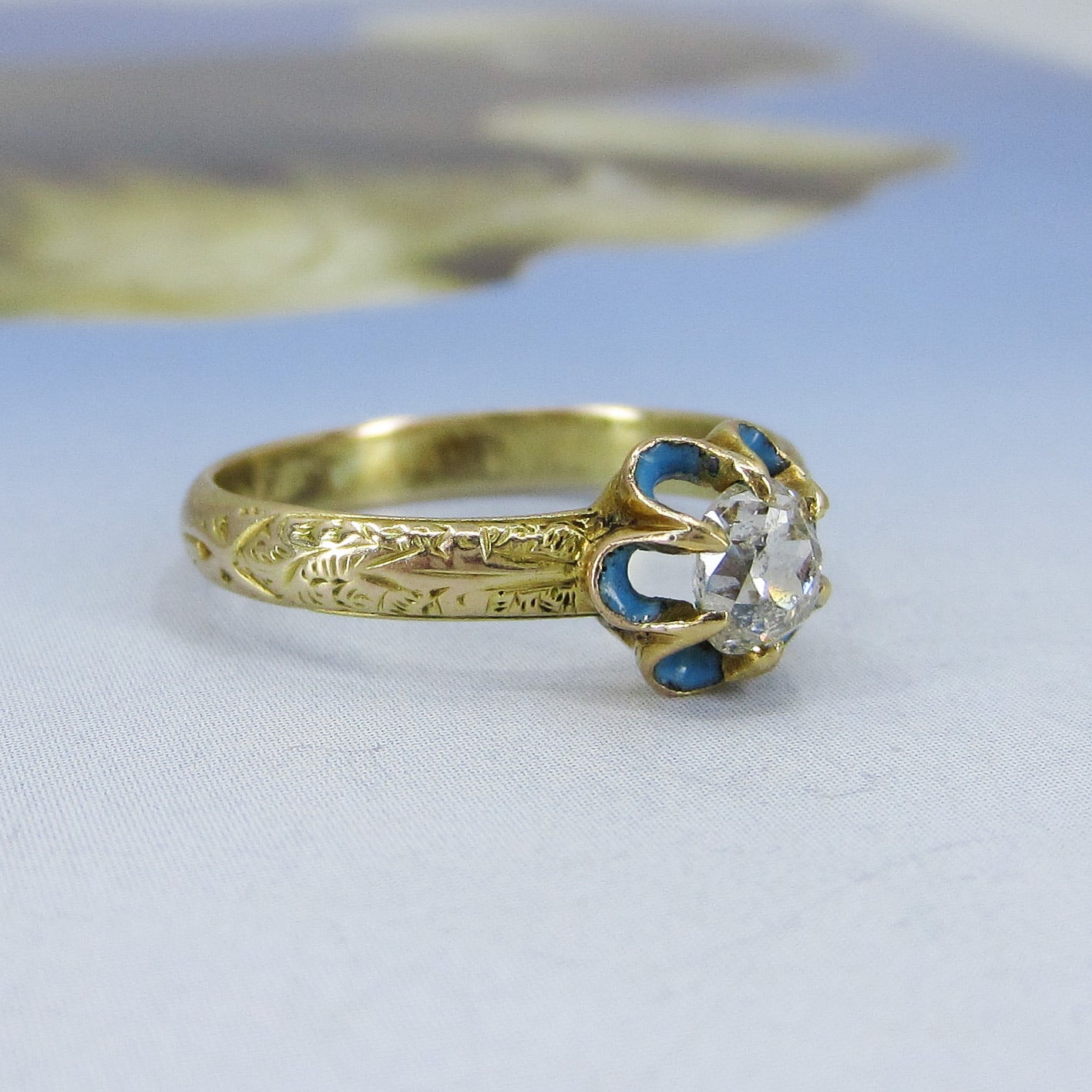 SOLD-Victorian Old Mine Diamond and Enamel Engraved Band Ring 14k c. 1840