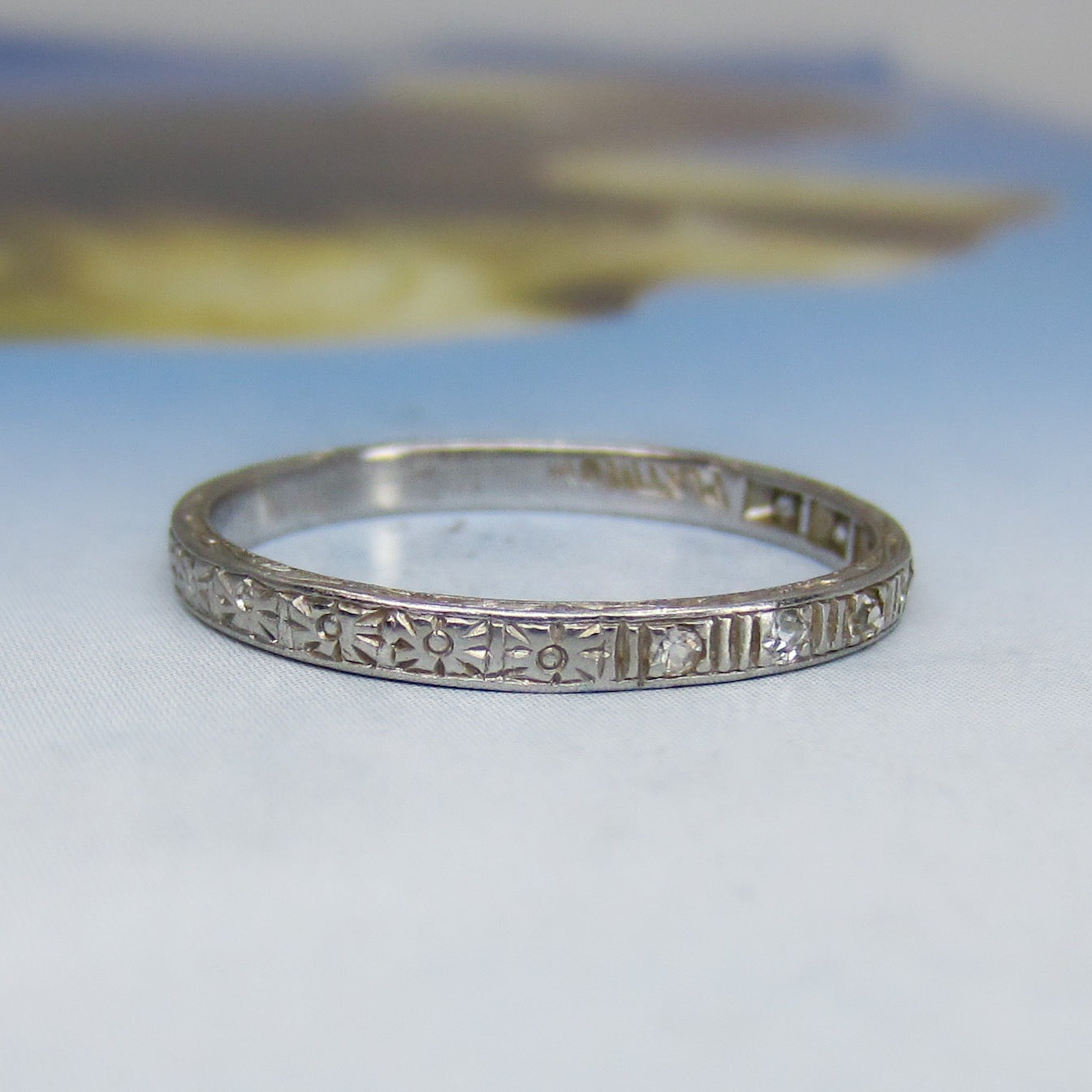 SOLD-Art Deco Diamond Engraved Band Platinum c. 1920