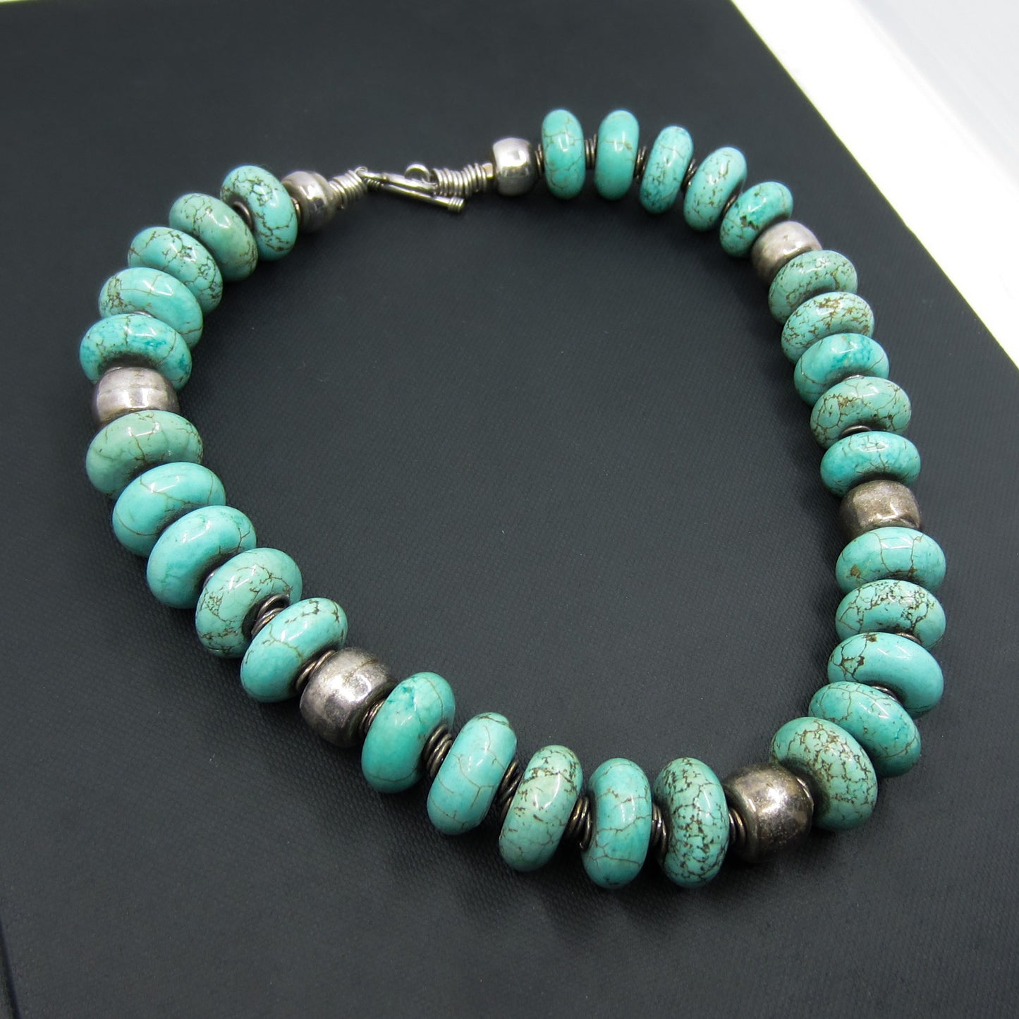 Vintage Chunky Turquoise Bead Necklace Sterling c 1980