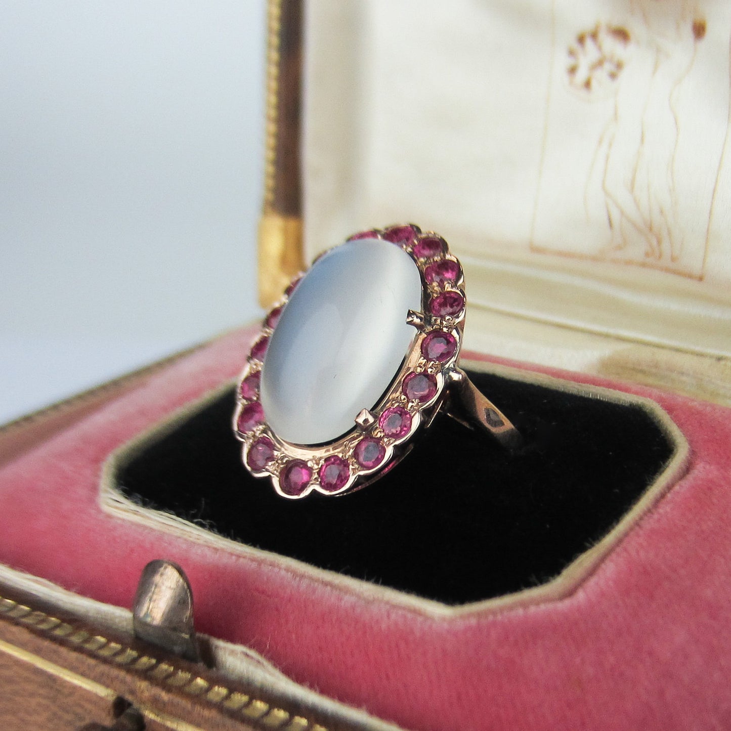 SOLD—Retro Moonstone and Ruby Ring 14k c. 1940