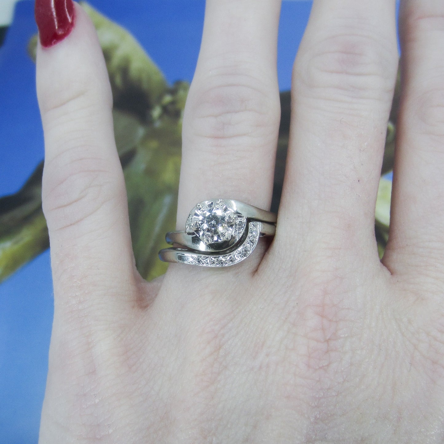 SOLD—MidCentury Diamond Engagement Ring and Wedding Band Set 14k c. 1950