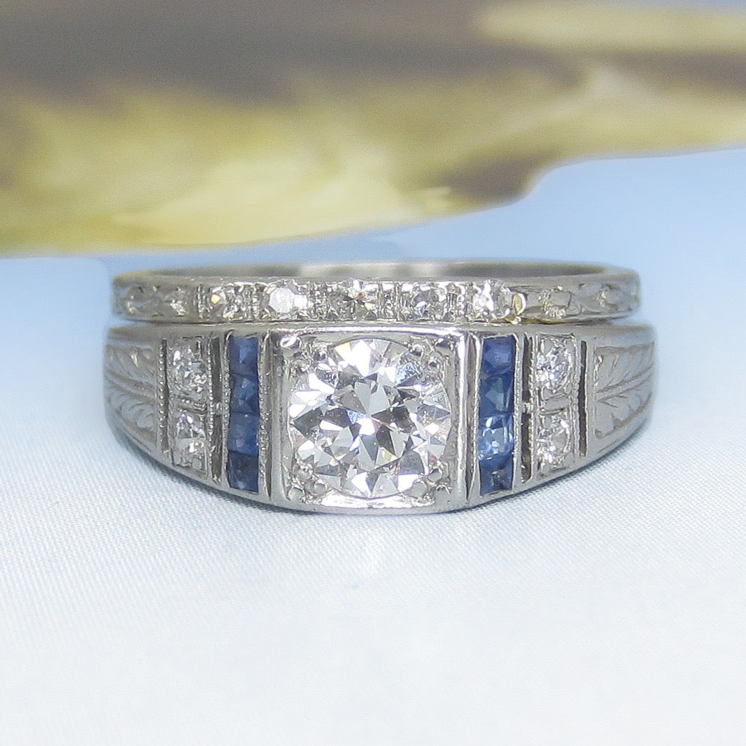 SOLD-Art Deco Old European Diamond .41ct and Sapphire Wedding Set Platinum c. 1927