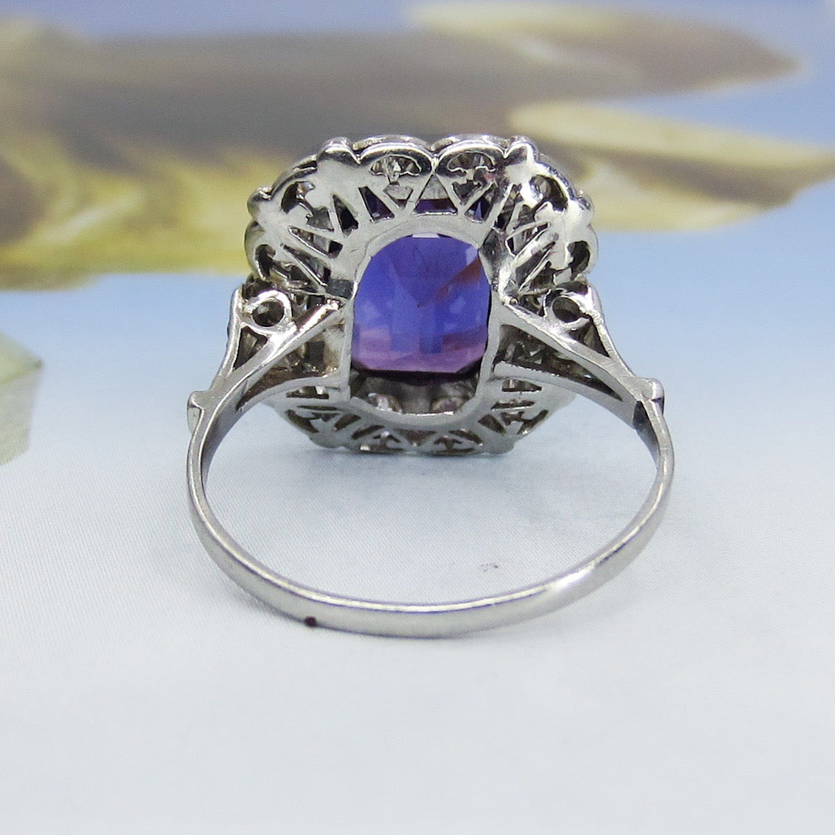 SOLD--Vintage Amethyst and Diamond Cluster Ring Platinum c. 1940