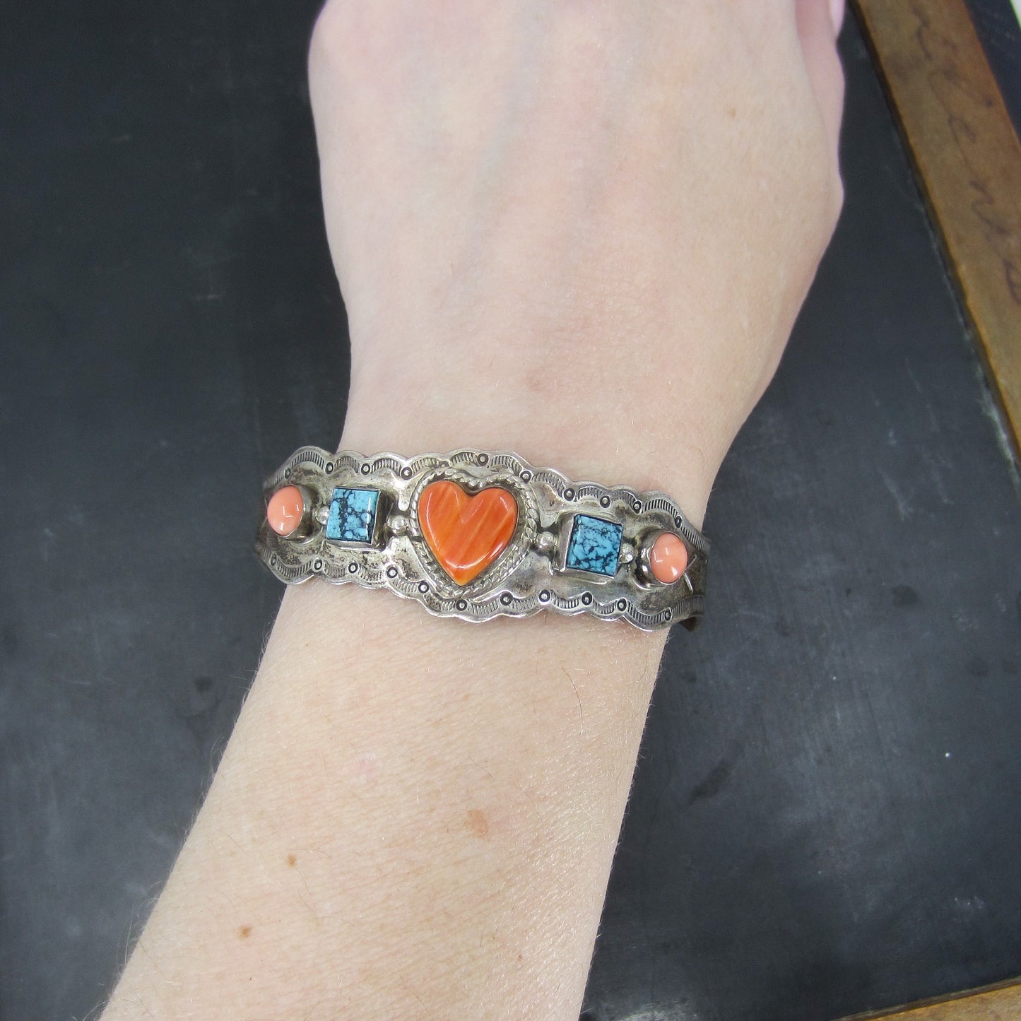 Vintage Coral, Turquoise and Spiny Oyster Heart Cuff Sterling