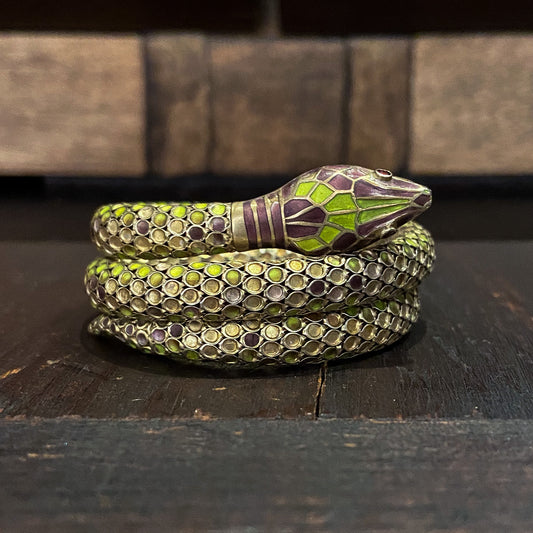 SOLD--Art Deco Enamel Coiled Snake Bracelet Gilt Sterling c. 1930