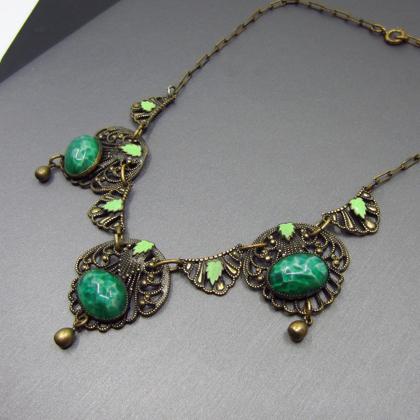 SOLD--Art Deco Czech Enamel and Art Glass Necklace Brass c. 1930