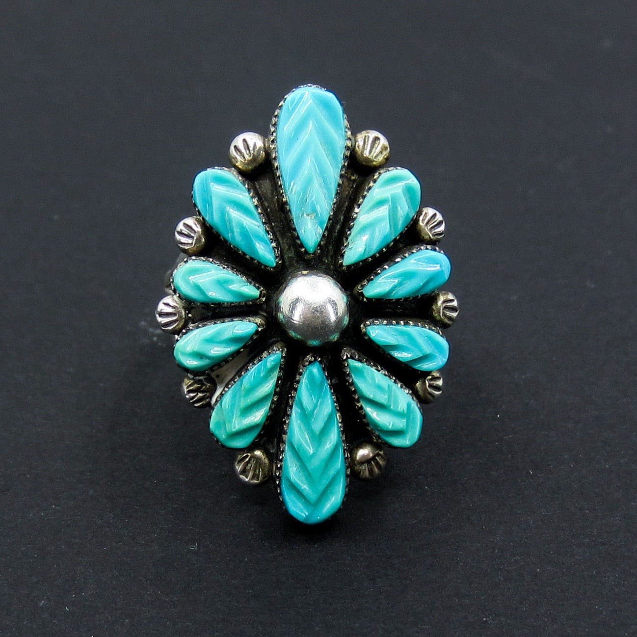 SOLD--Vintage Zuni Carved Turquoise Petit Point Ring Sterling c. 1970