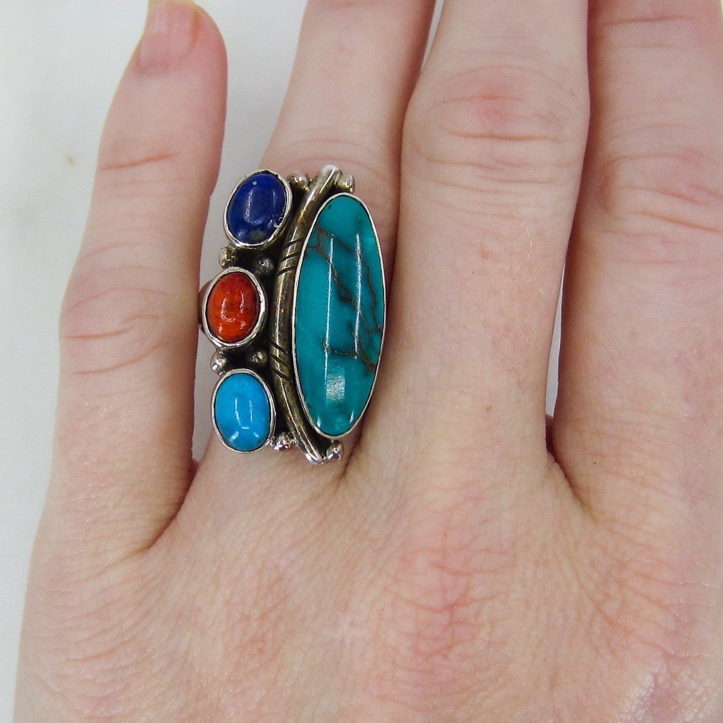 Vintage Big Turquoise, Spiny Oyster and Lapis Ring Sterling c. 1990