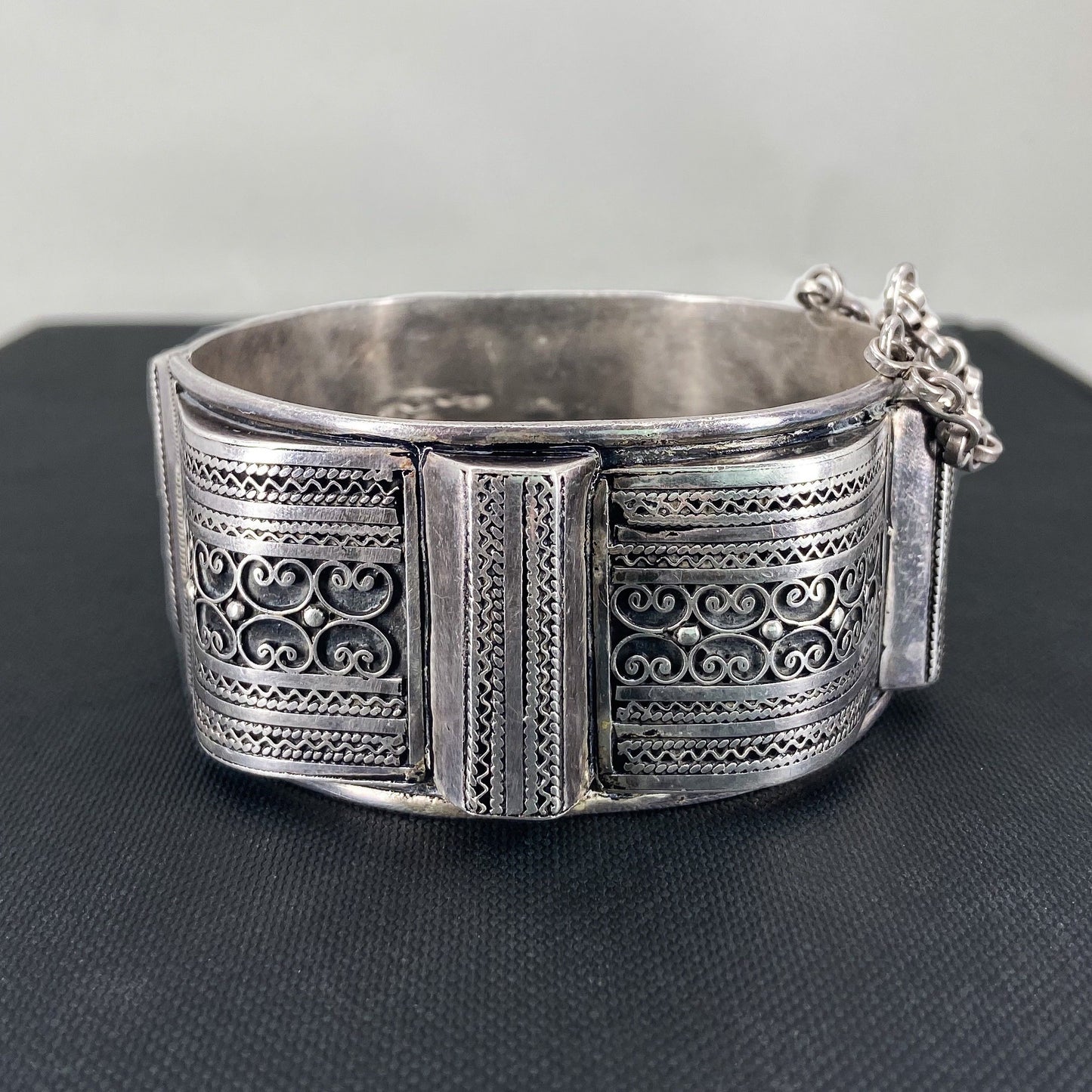 SOLD--Antique Wide Ornate Hinged Bangle Sterling c. 1930