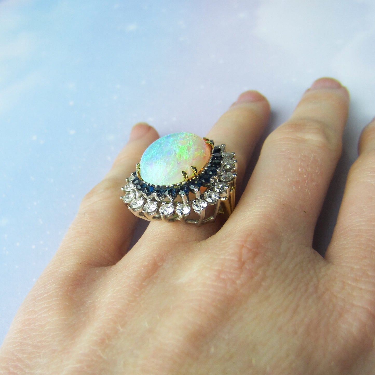 SOLD--Fabulous Mid-Century Opal, Diamond and Sapphire Ring 18k c. 1960