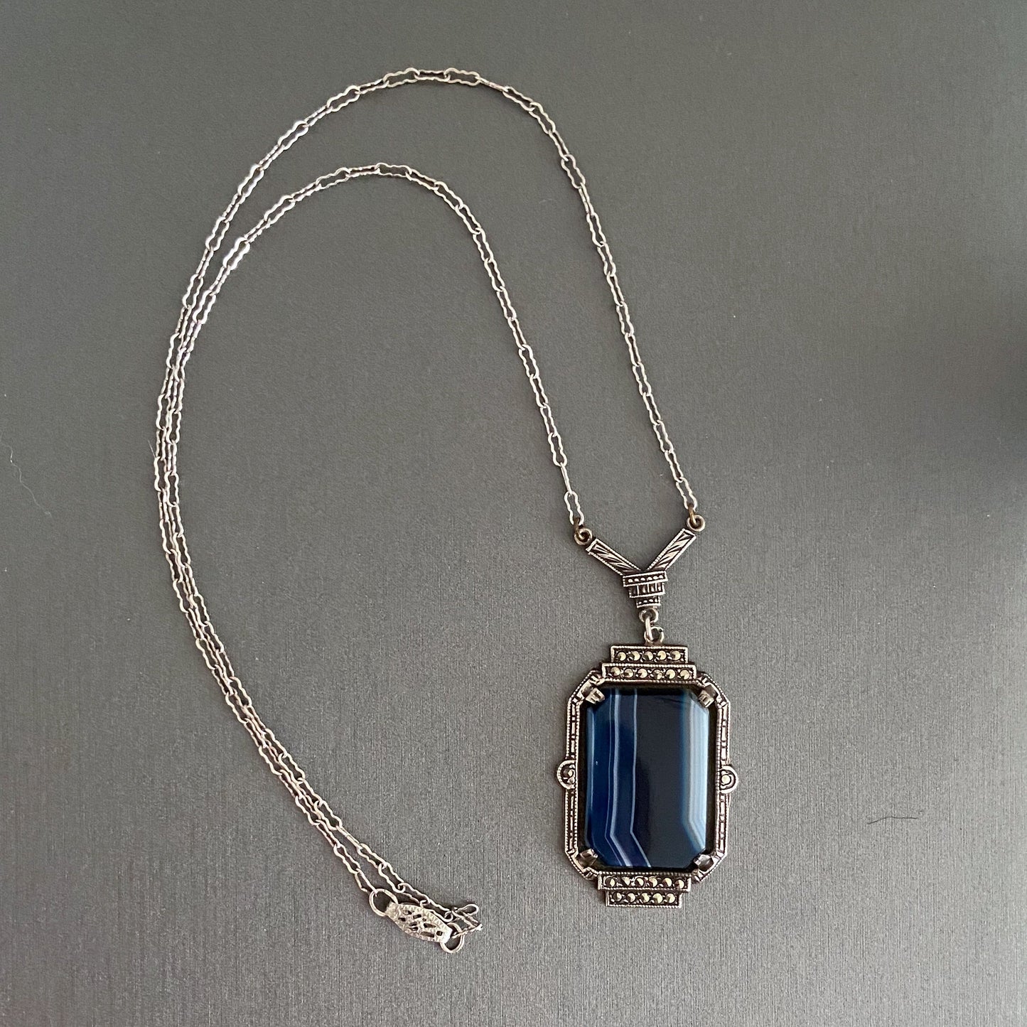 SOLD--Art Deco Marcasite and Blue Agate Necklace Sterling c. 1930