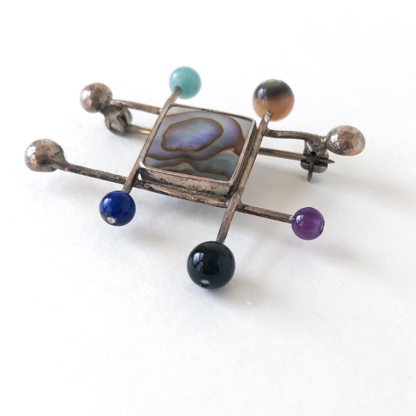 SOLD-Post-Modern Geometric Multi-Gem Brooch Sterling c. 1990