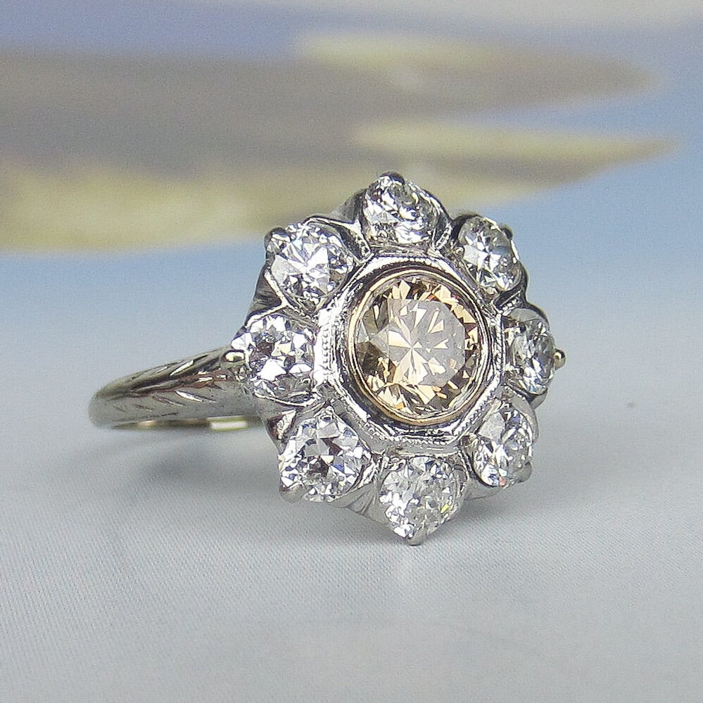 SOLD--Art Deco Old Cut Diamond 1.85ctw Cluster Ring 14k c. 1940