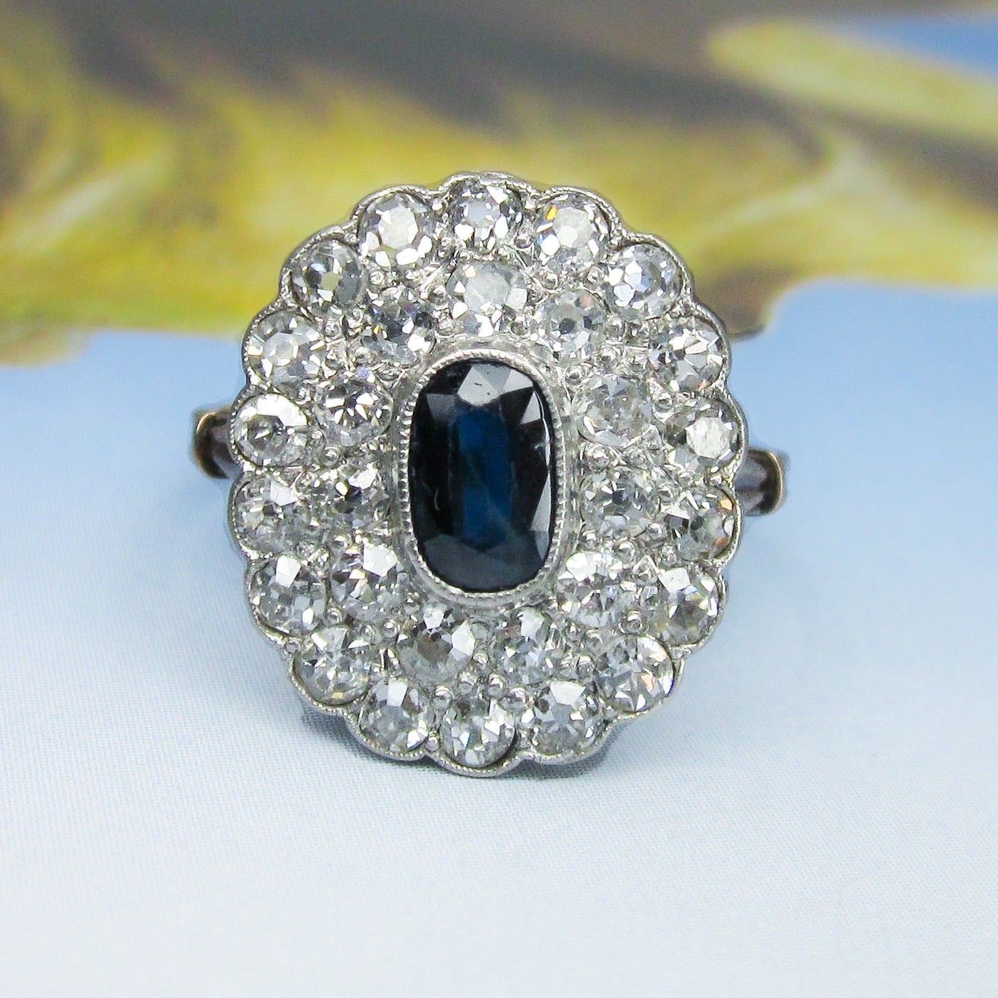 SOLD--Edwardian Sapphire and Diamond Cluster Ring Platinum/14k c. 1910