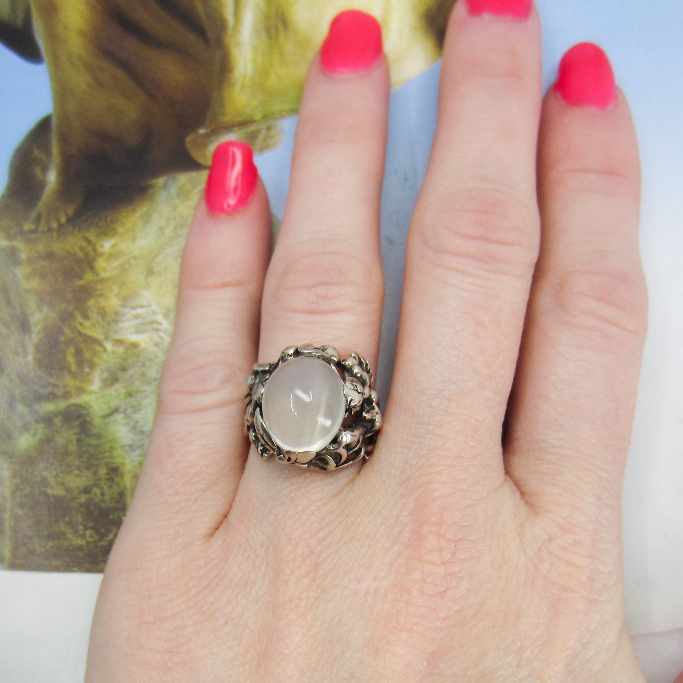 Vintage Brutalist Moonstone Ring Sterling c. 1970