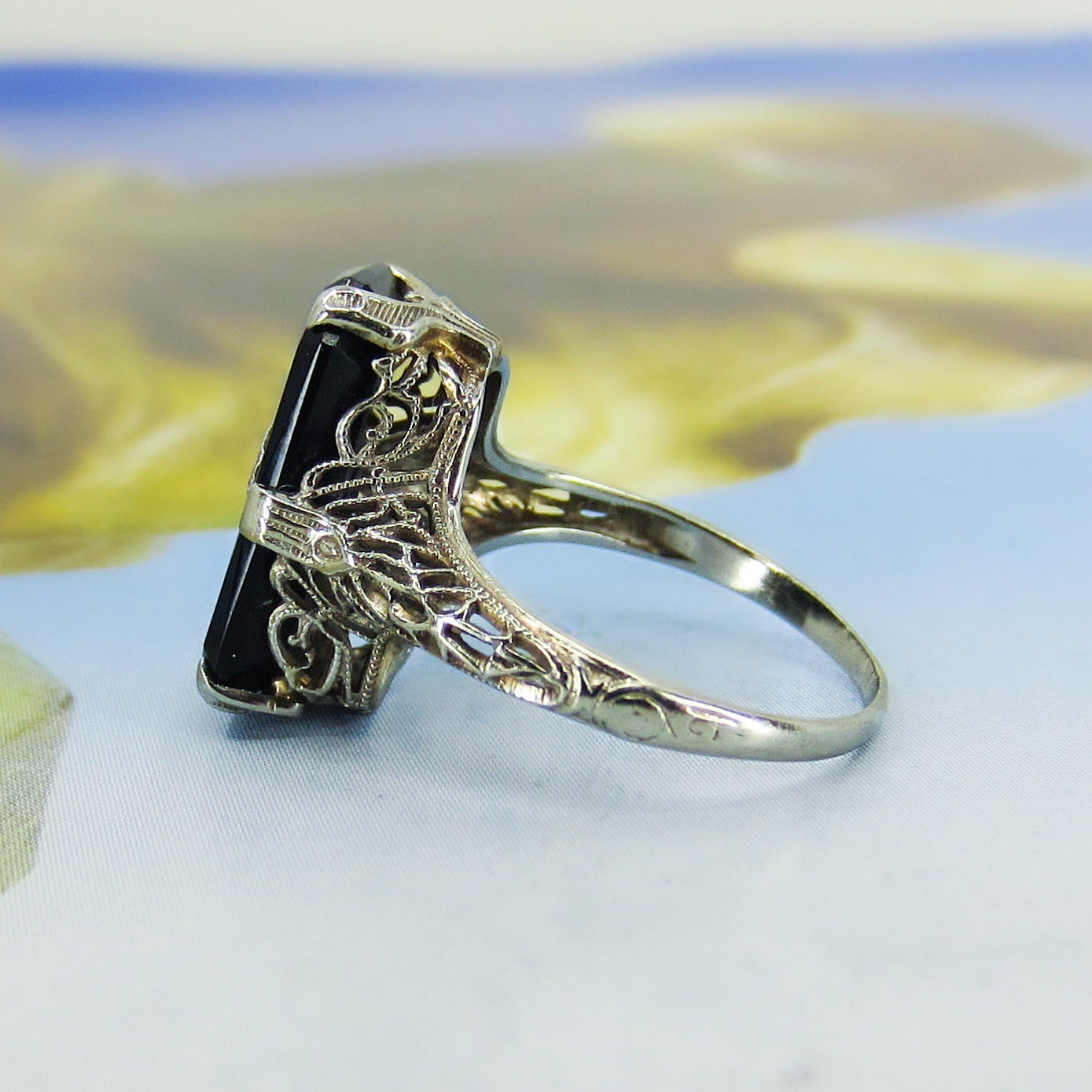 SOLD--Art Deco Onyx and Diamond Filigree Ring 14k c. 1930