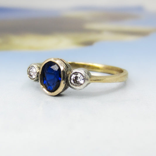 SOLD--Art Deco Bezel Set Sapphire and Diamond Ring 14k c. 1940