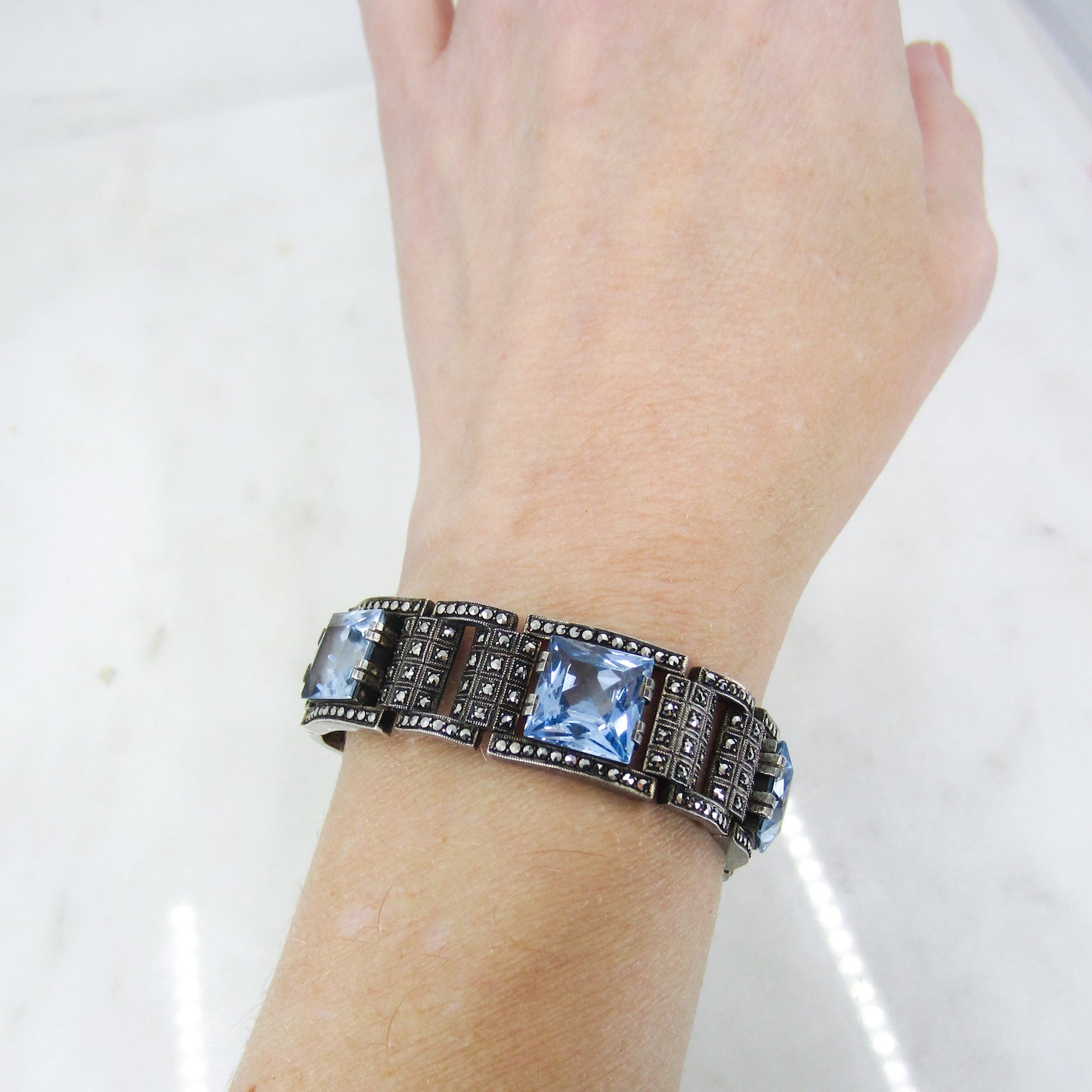 SOLD-Art Deco Theodor Fahrner Syn Blue Spinel and Marcasite Bracelet Sterling Silver, Germany c. 1940