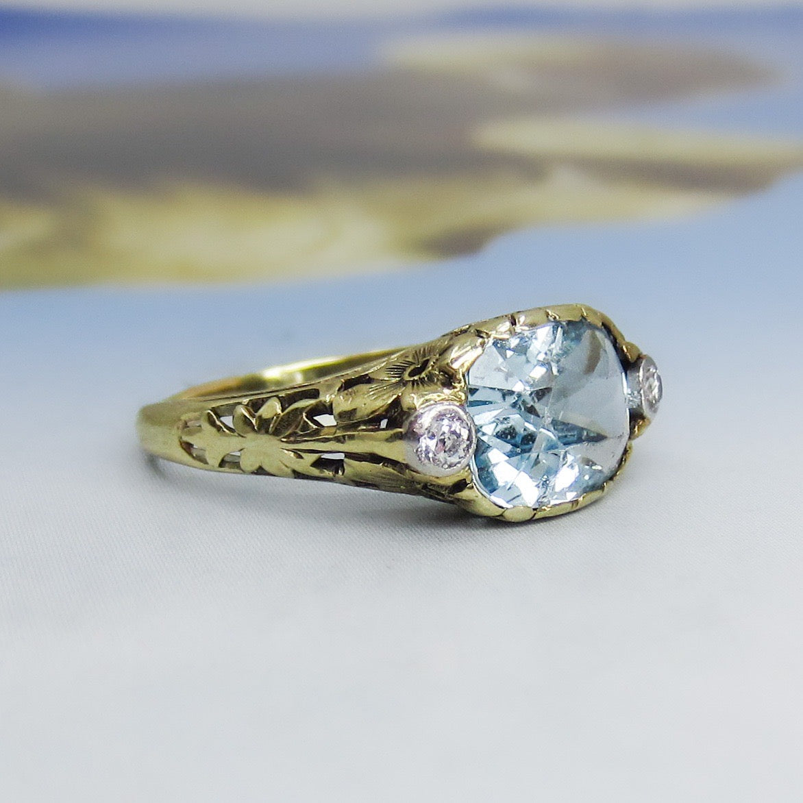 SOLD--Arts & Crafts Aquamarine and Diamond Flower Ring 14k c. 1920