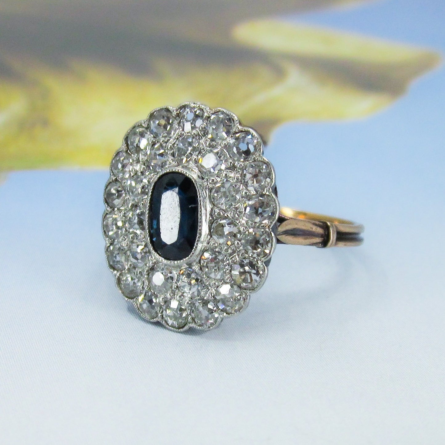 SOLD--Edwardian Sapphire and Diamond Cluster Ring Platinum/14k c. 1910