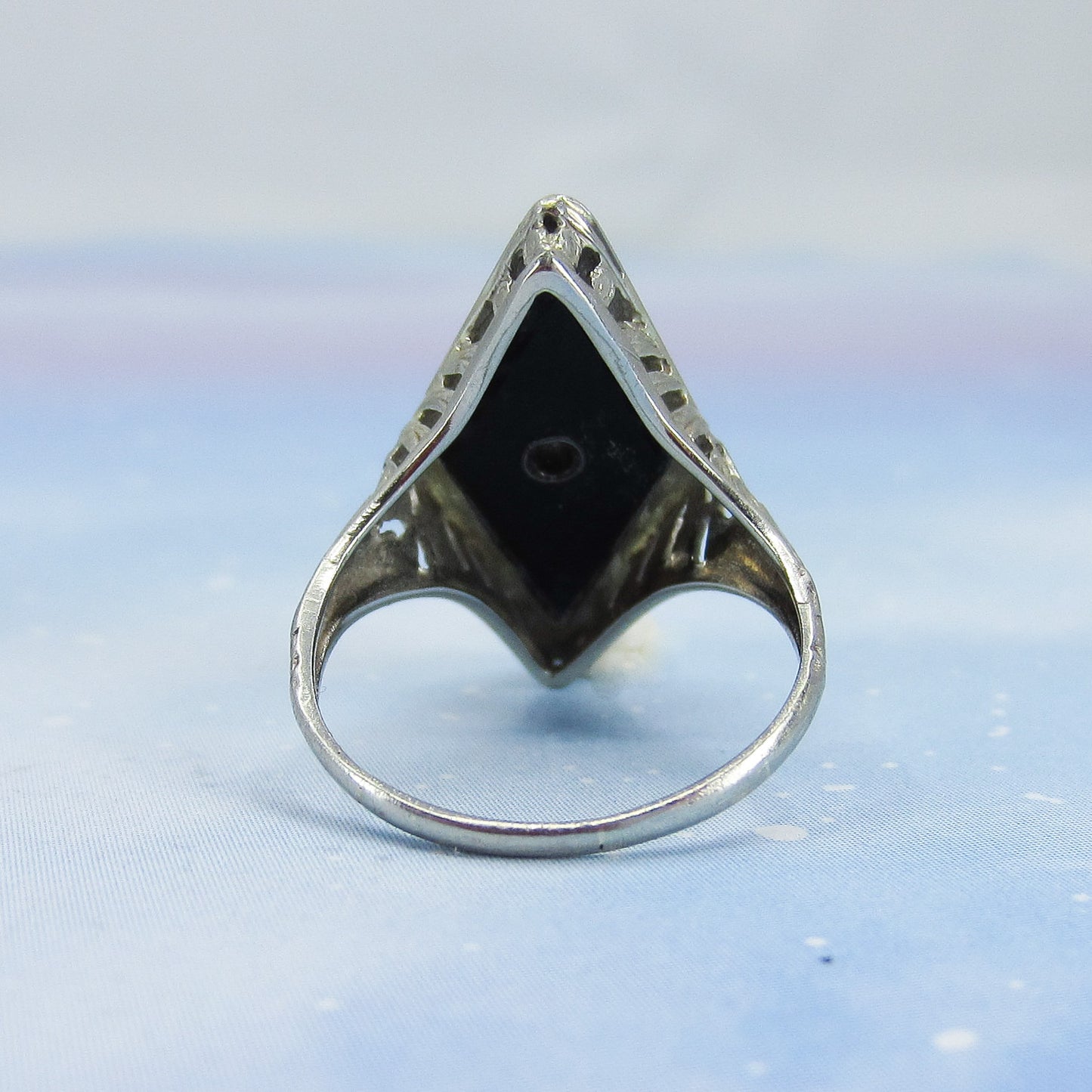 SOLD-Art Deco Diamond And Onyx Filigree Ring 14k c. 1930