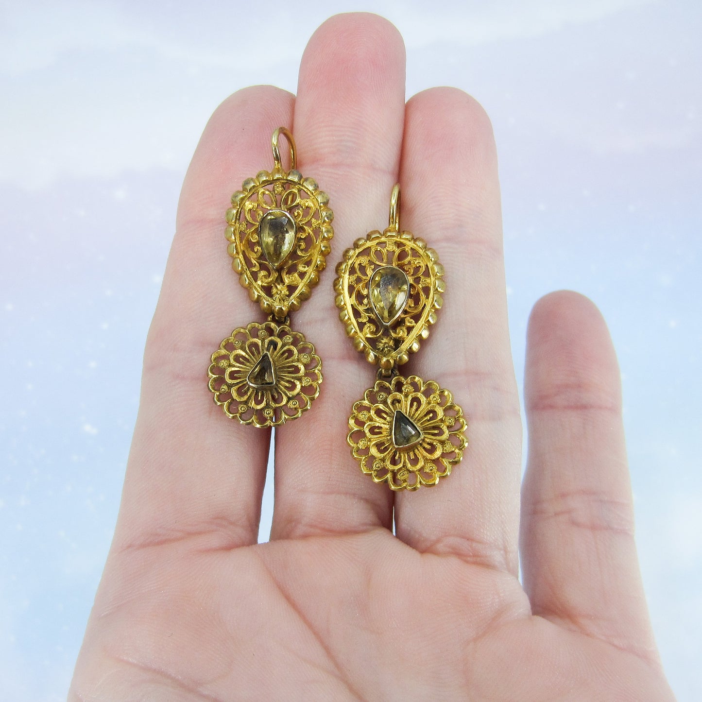 Victorian Foil-Backed Citrine Pendeloque Day/Night Earrings 22k c. 1850