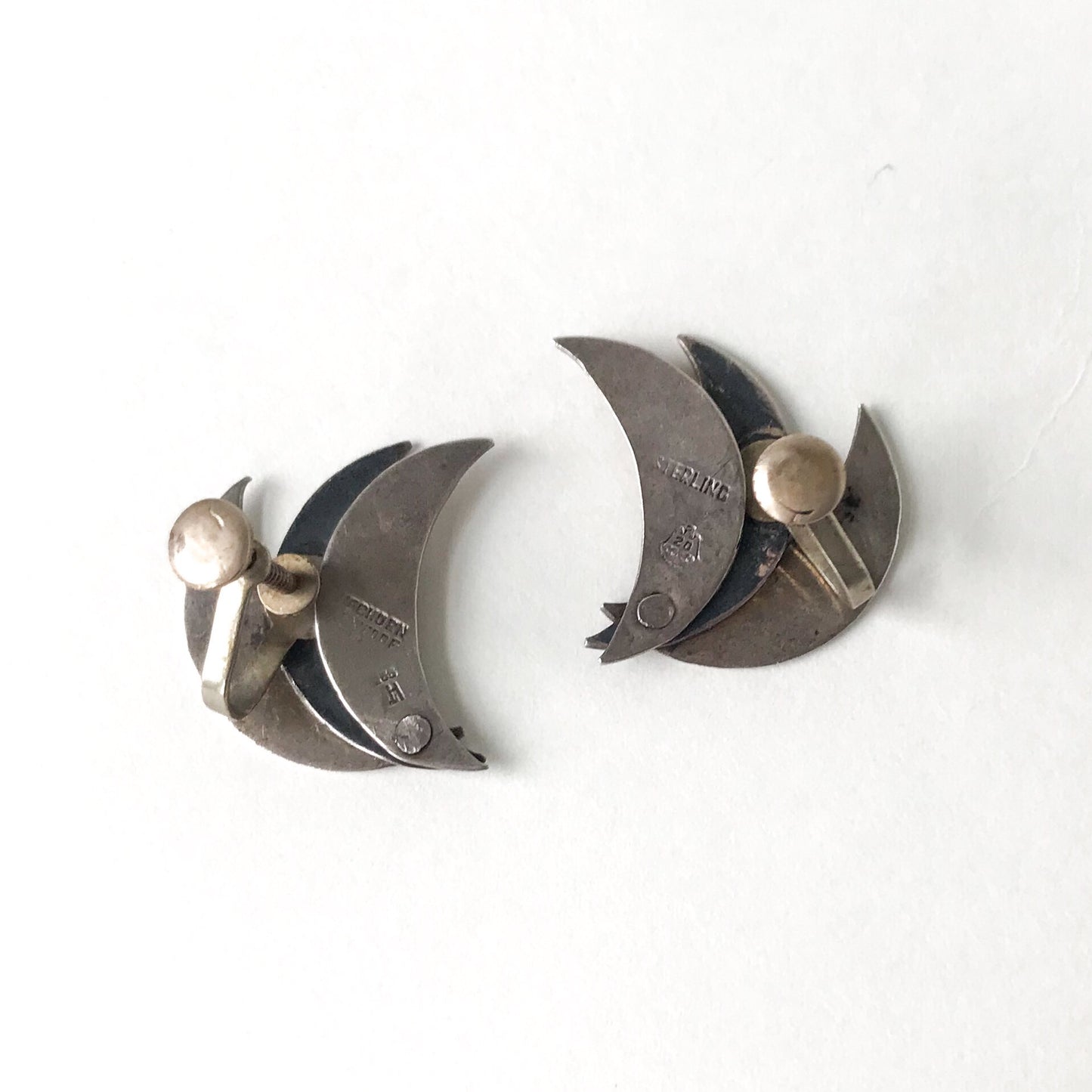 Mid-Century Modernist Crescent Earrings Sterling, Mexico c. 1950