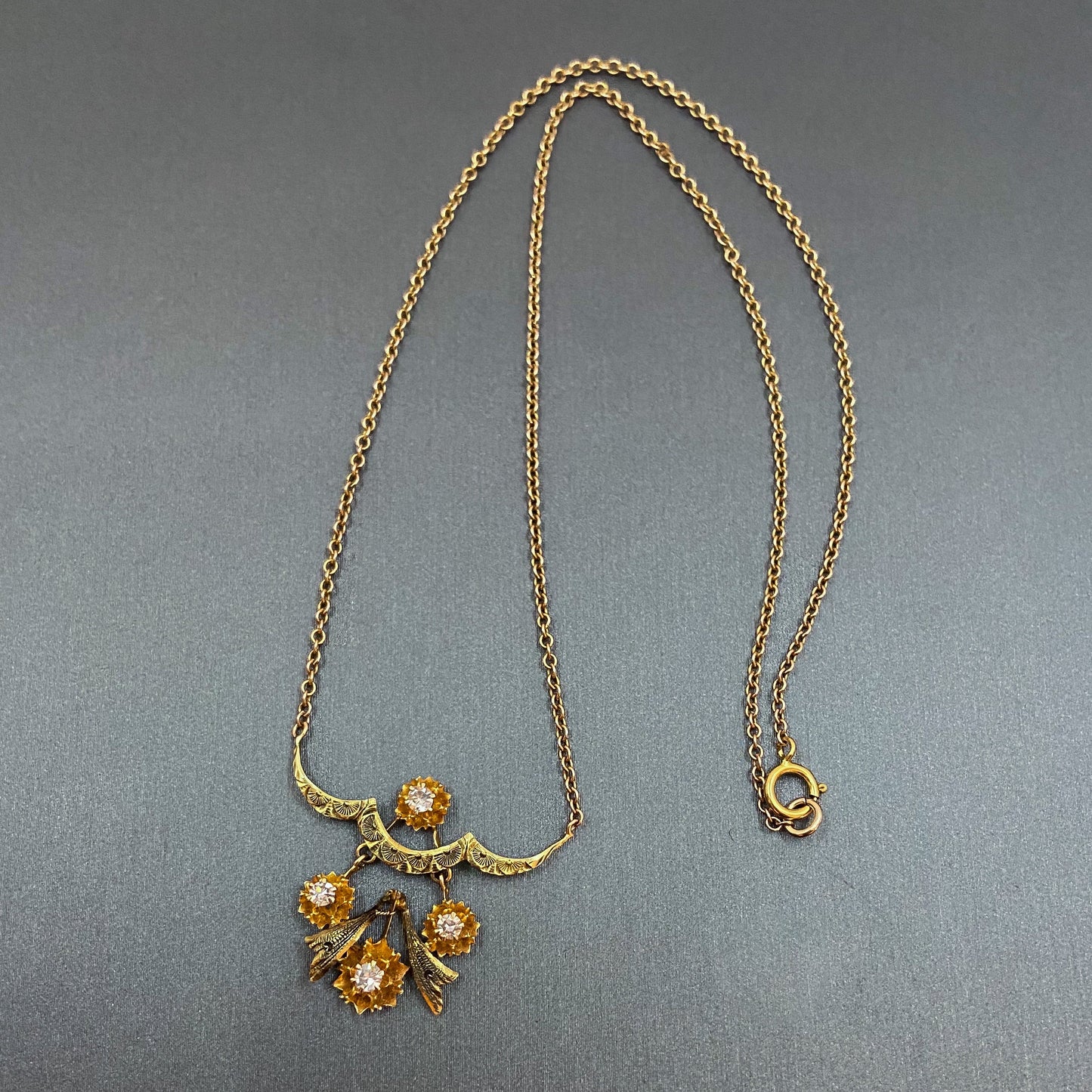 Edwardian Diamond Flower Necklace 14k c. 1910