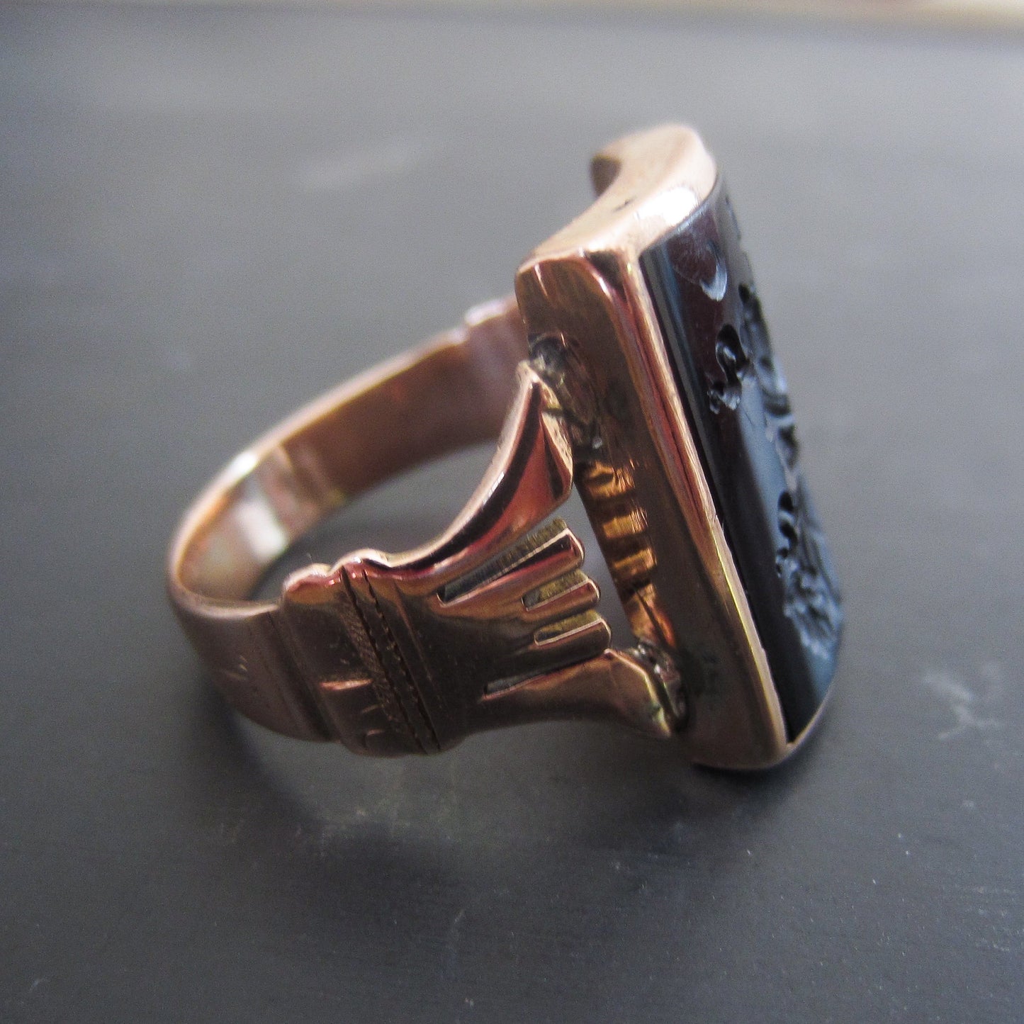 SOLD--Victorian Onyx Warrior Intaglio Ring 14k c. 1890