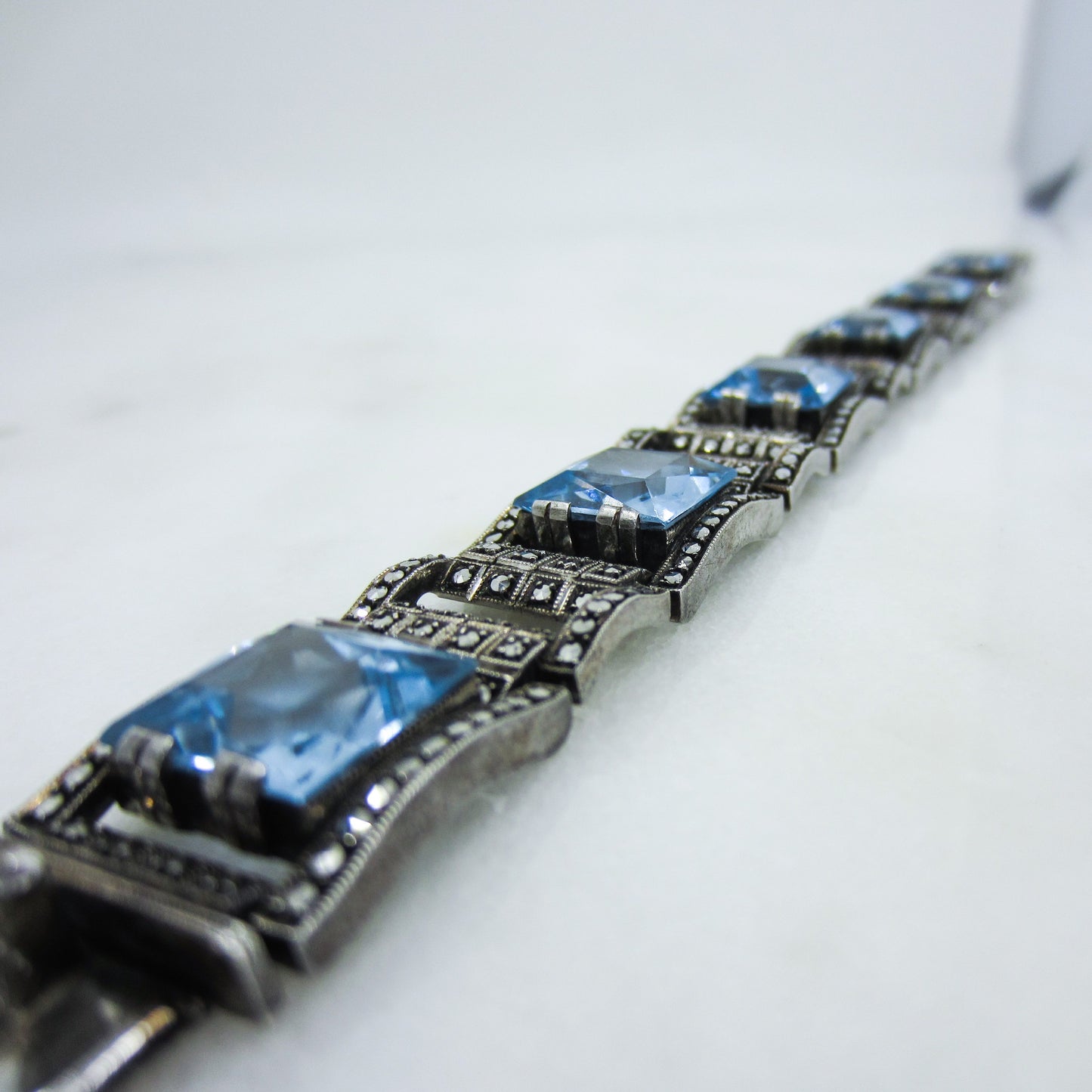SOLD-Art Deco Theodor Fahrner Syn Blue Spinel and Marcasite Bracelet Sterling Silver, Germany c. 1940