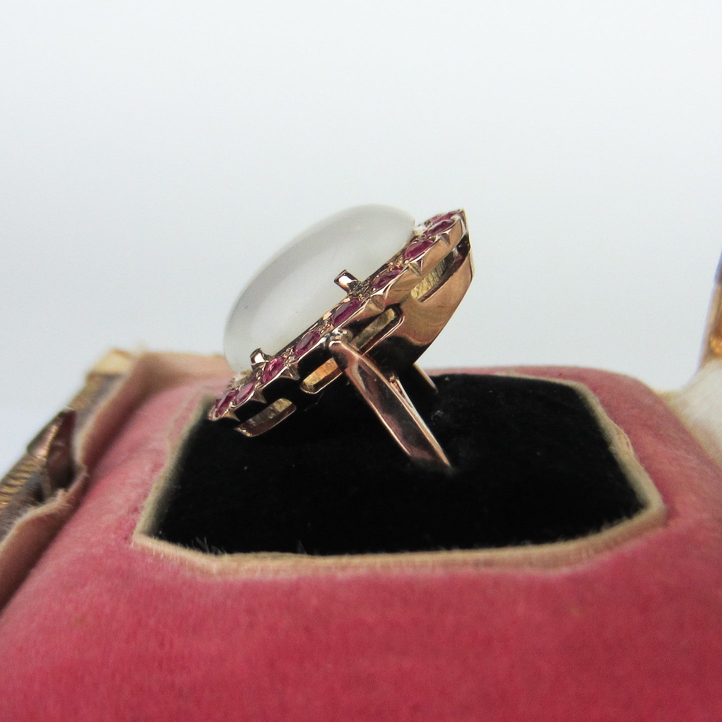 SOLD—Retro Moonstone and Ruby Ring 14k c. 1940