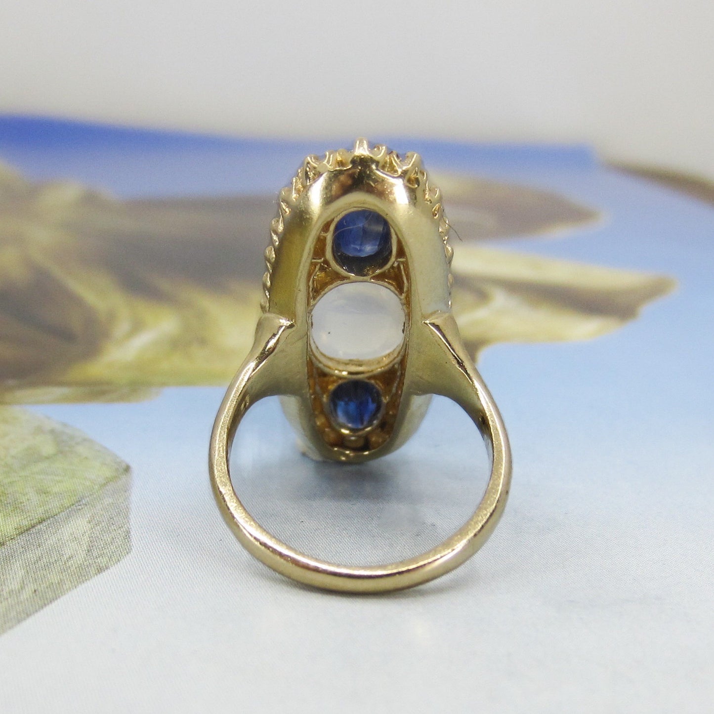 SOLD--Vintage Insane Moonstone, Sapphire and Diamond Navette Ring 14k c. 1950