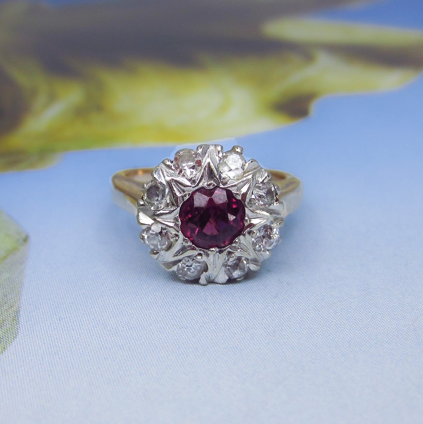 SOLD Art Deco Garnet and Diamond Cluster Ring 14k c. 1920