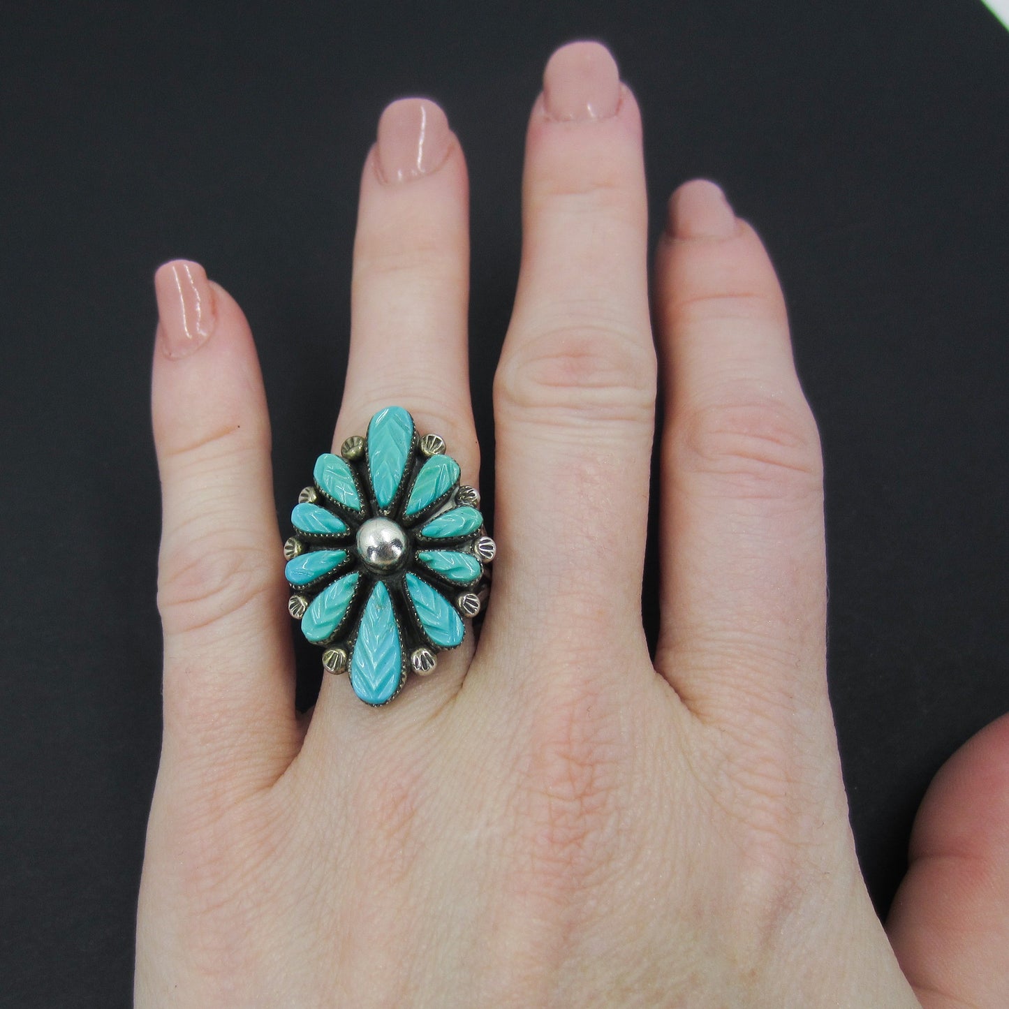 SOLD--Vintage Zuni Carved Turquoise Petit Point Ring Sterling c. 1970