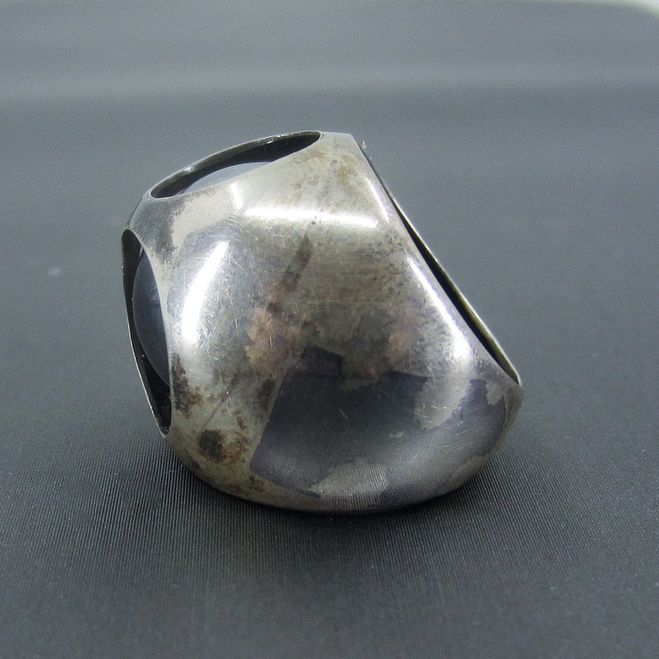 SOLD--Very Cool Post-Modern Hematite Dome Ring Sterling, Poland c. 1990