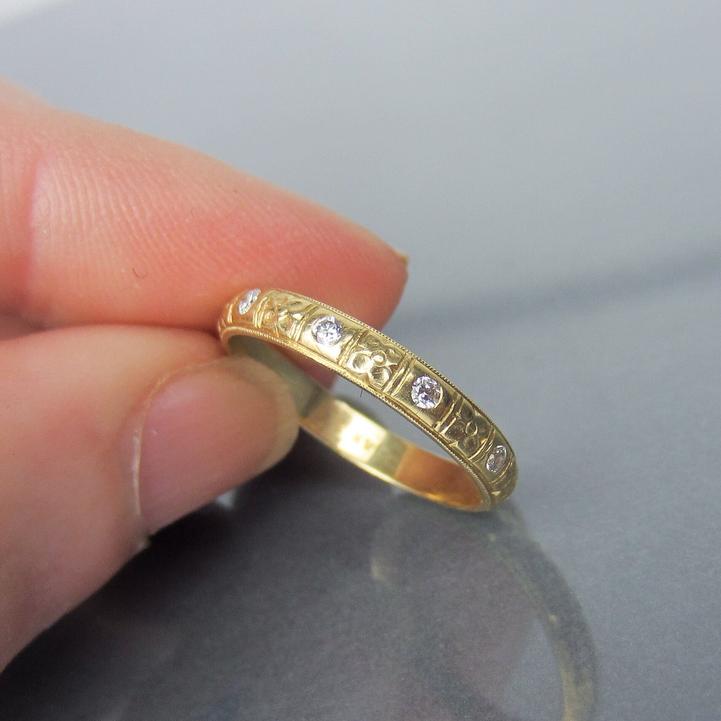 SOLD--Mid-Century Vintage Patterned Diamond Eternity Band 14k c. 1950