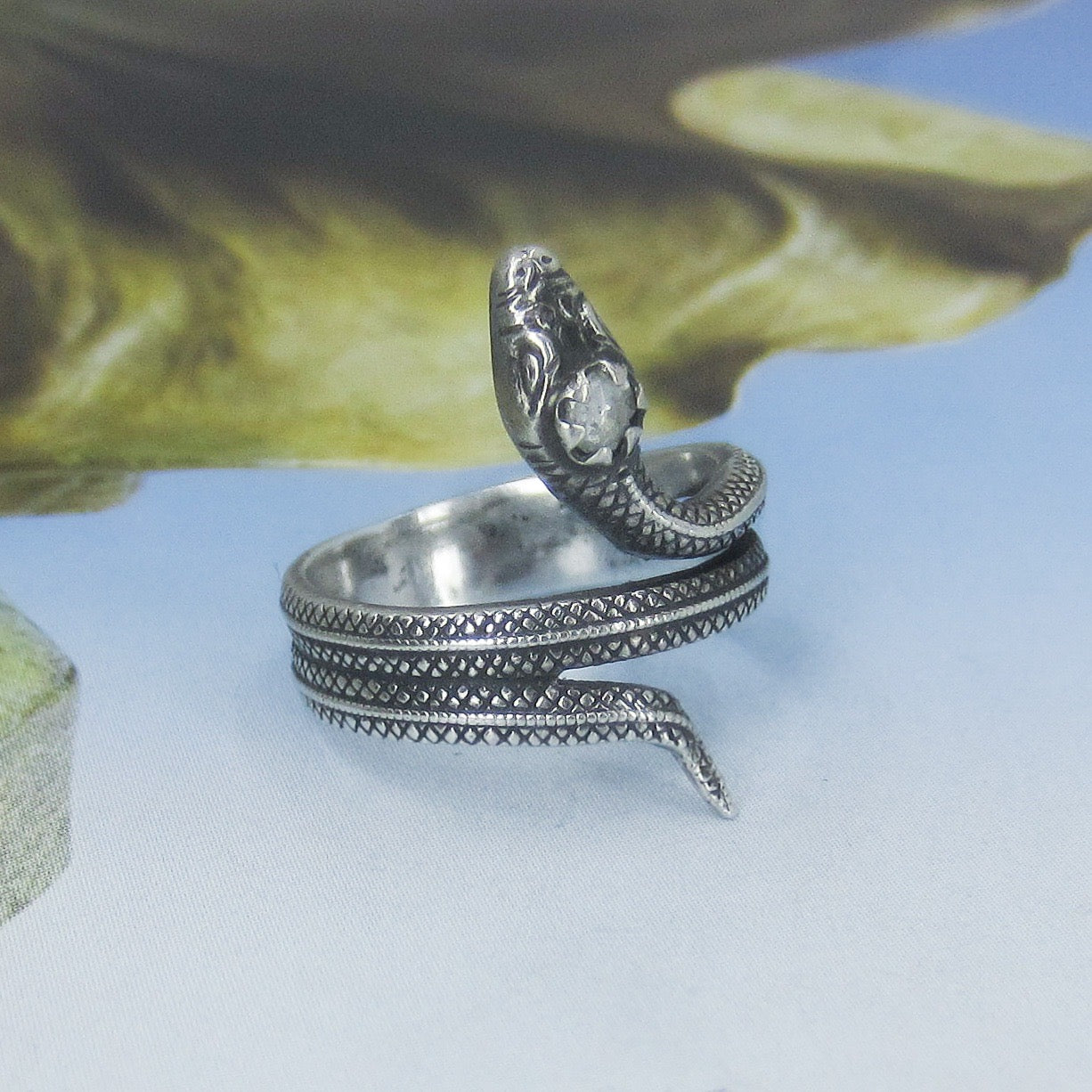 SOLD-Vintage Rose Cut Diamond Snake Ring Sterling, size 6.75 Russian c. 1970