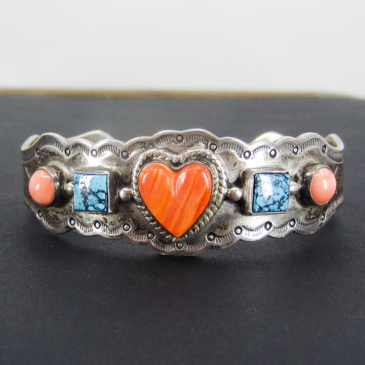 Vintage Coral, Turquoise and Spiny Oyster Heart Cuff Sterling