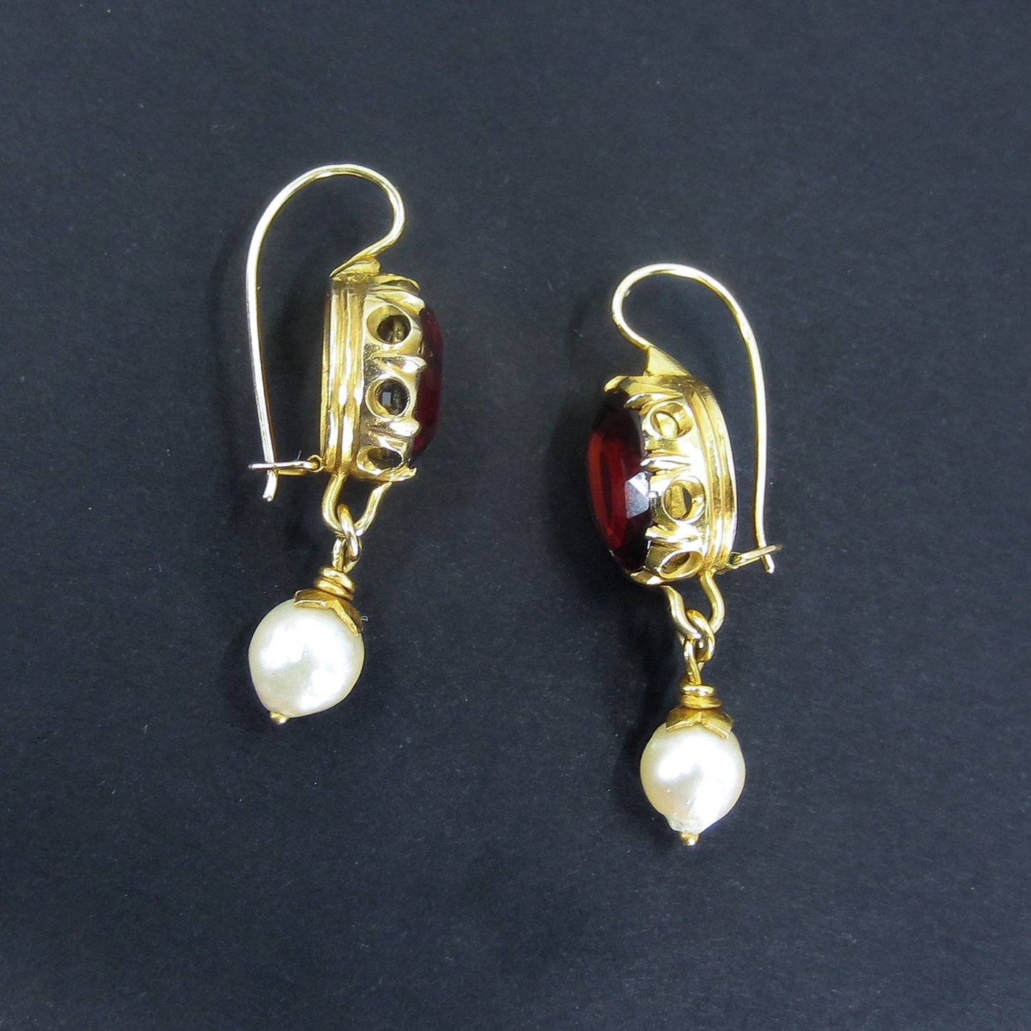 SOLD-Mid-Century Garnet and Pearl Drop Earrings 14k c. 1960