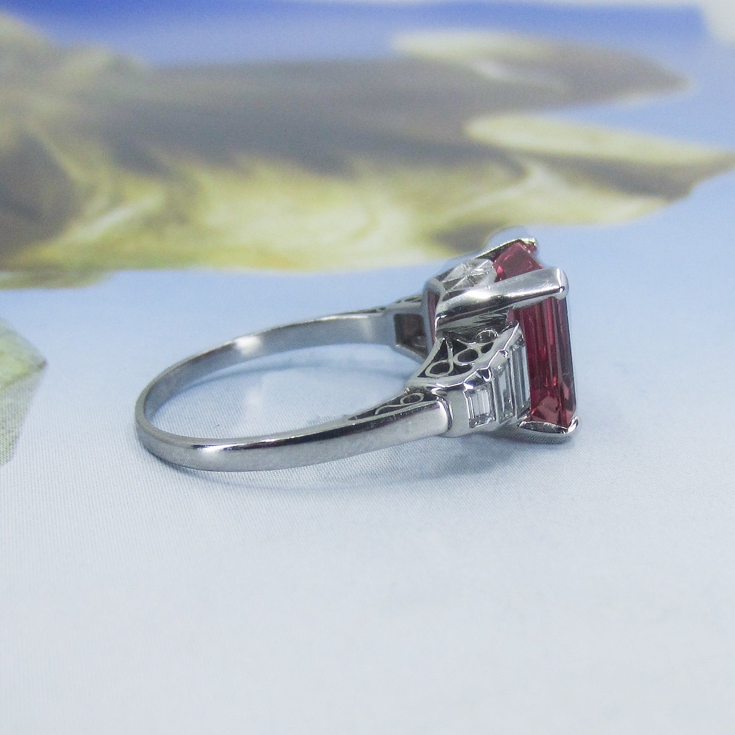 Vintage Pink Tourmaline and Baguette Diamond Ring Platinum c. 1980