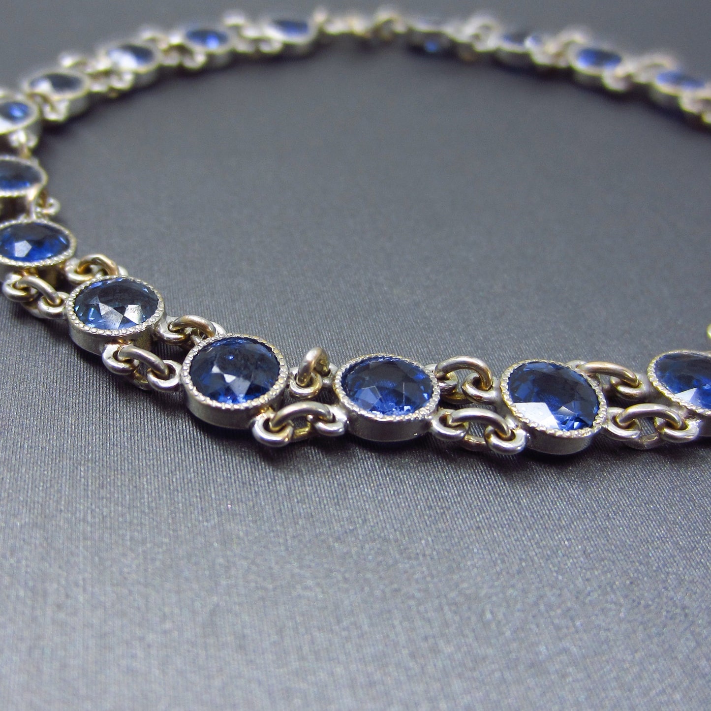 SOLD--Edwardian Bezel Set Sapphire Line Bracelet 14k c. 1910