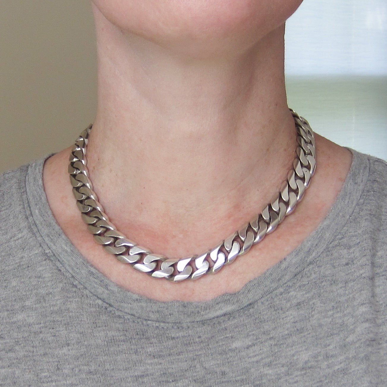 SOLD--Vintage Heavy Flat Curb Link Chain Sterling, Italy c. 1980