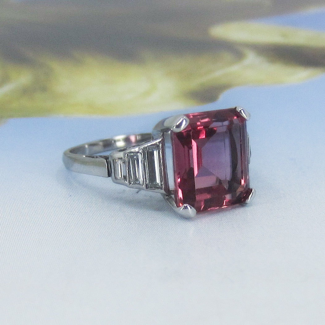 Vintage Pink Tourmaline and Baguette Diamond Ring Platinum c. 1980