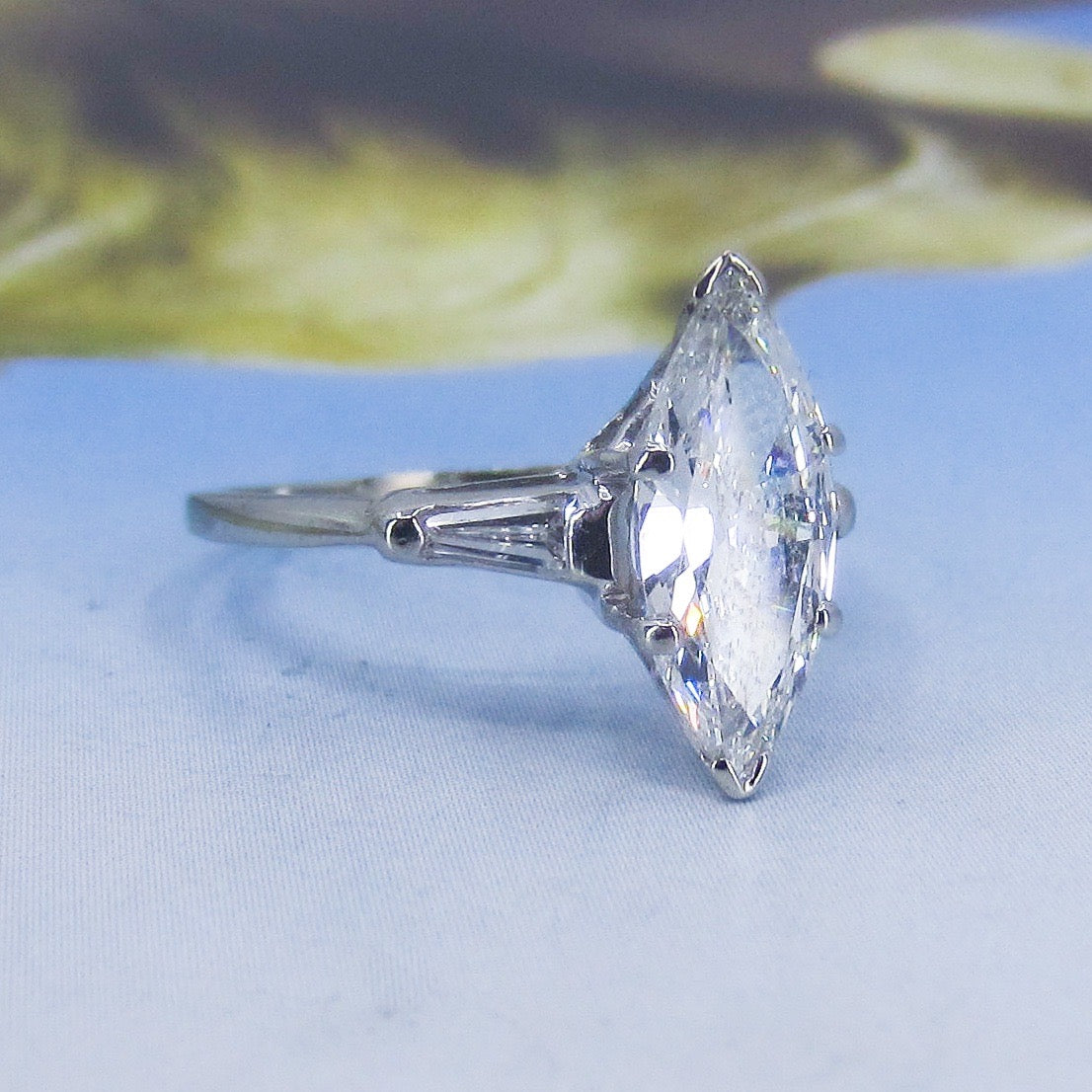Mid-Century Old Cut Marquise 1.62ct Diamond Engagement Ring 14k c. 1950