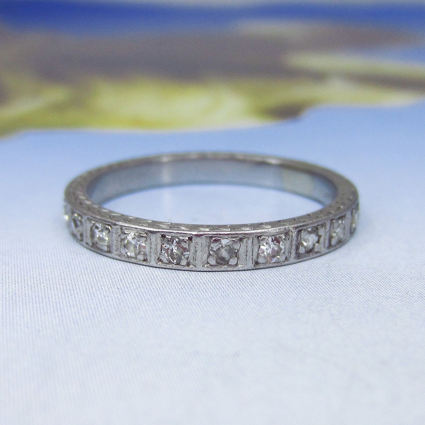 SOLD-Art Deco Ten Diamond Engraved Band Platinum c. 1930