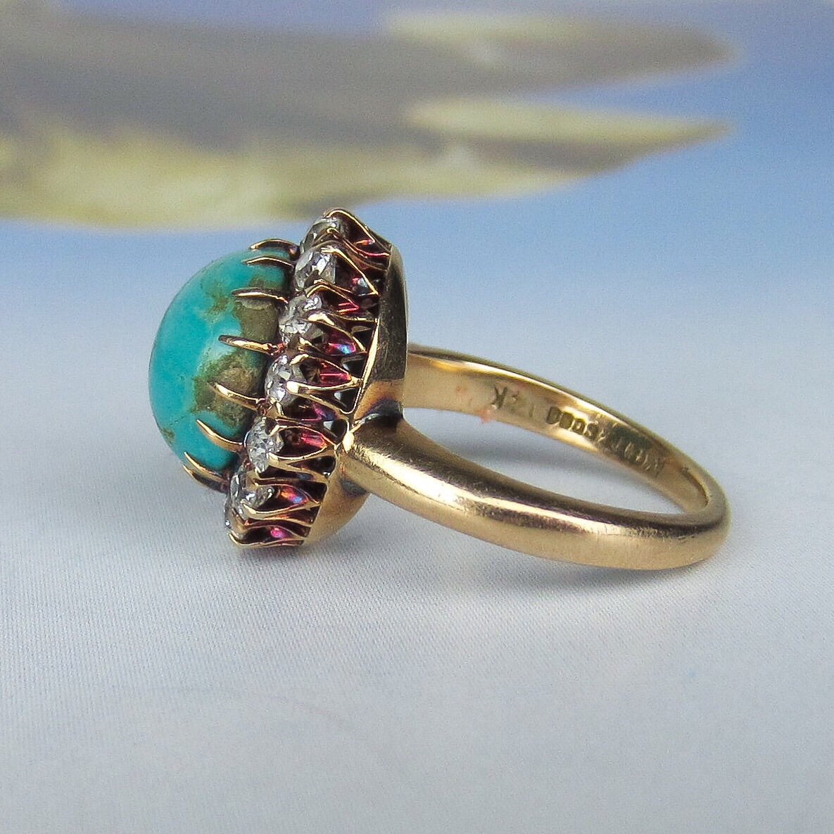 SOLD--Edwardian Turquoise and Diamond Cluster Ring 14k c. 1900