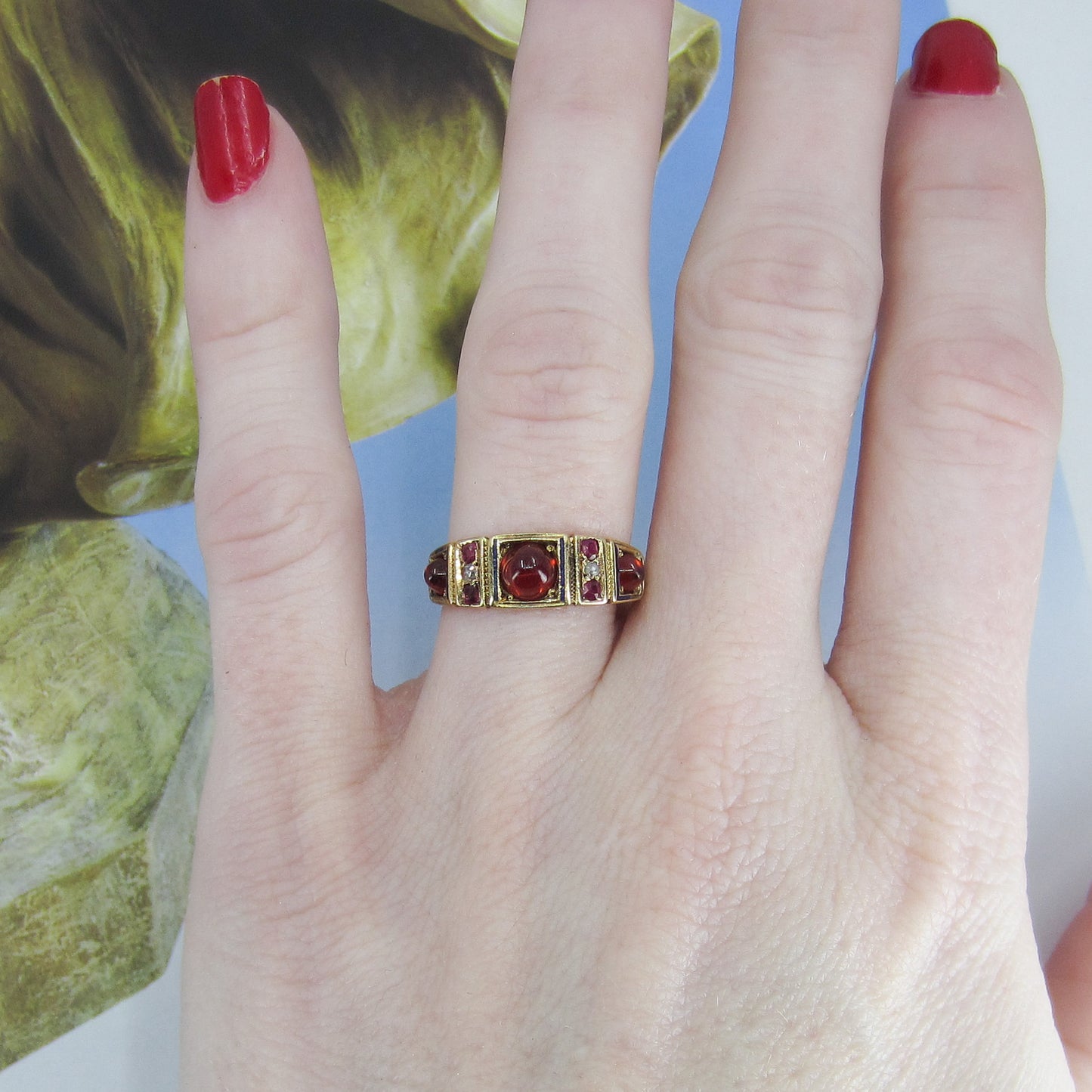 SOLD--Victorian Garnet, Ruby, Diamond and Enamel Band 18k, British c. 1870