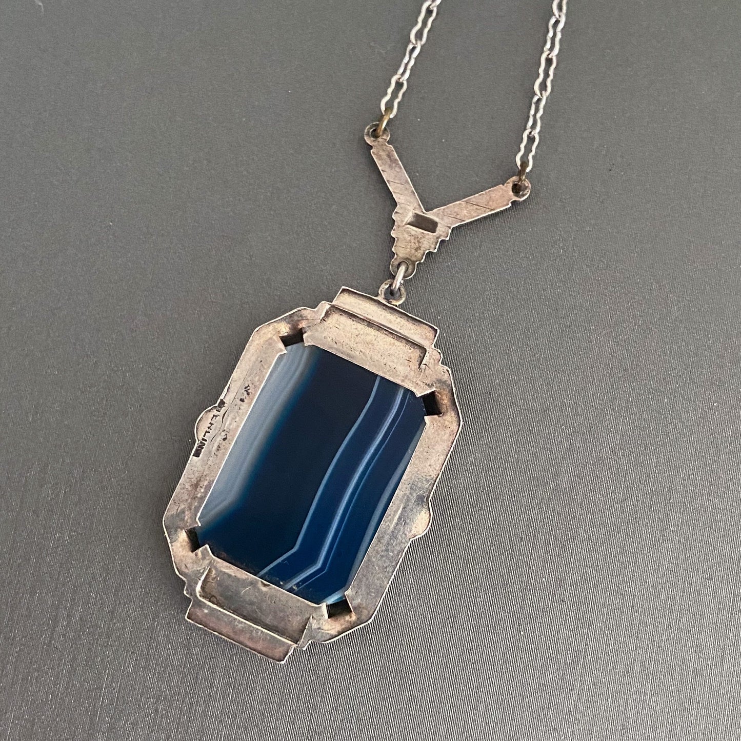 SOLD--Art Deco Marcasite and Blue Agate Necklace Sterling c. 1930