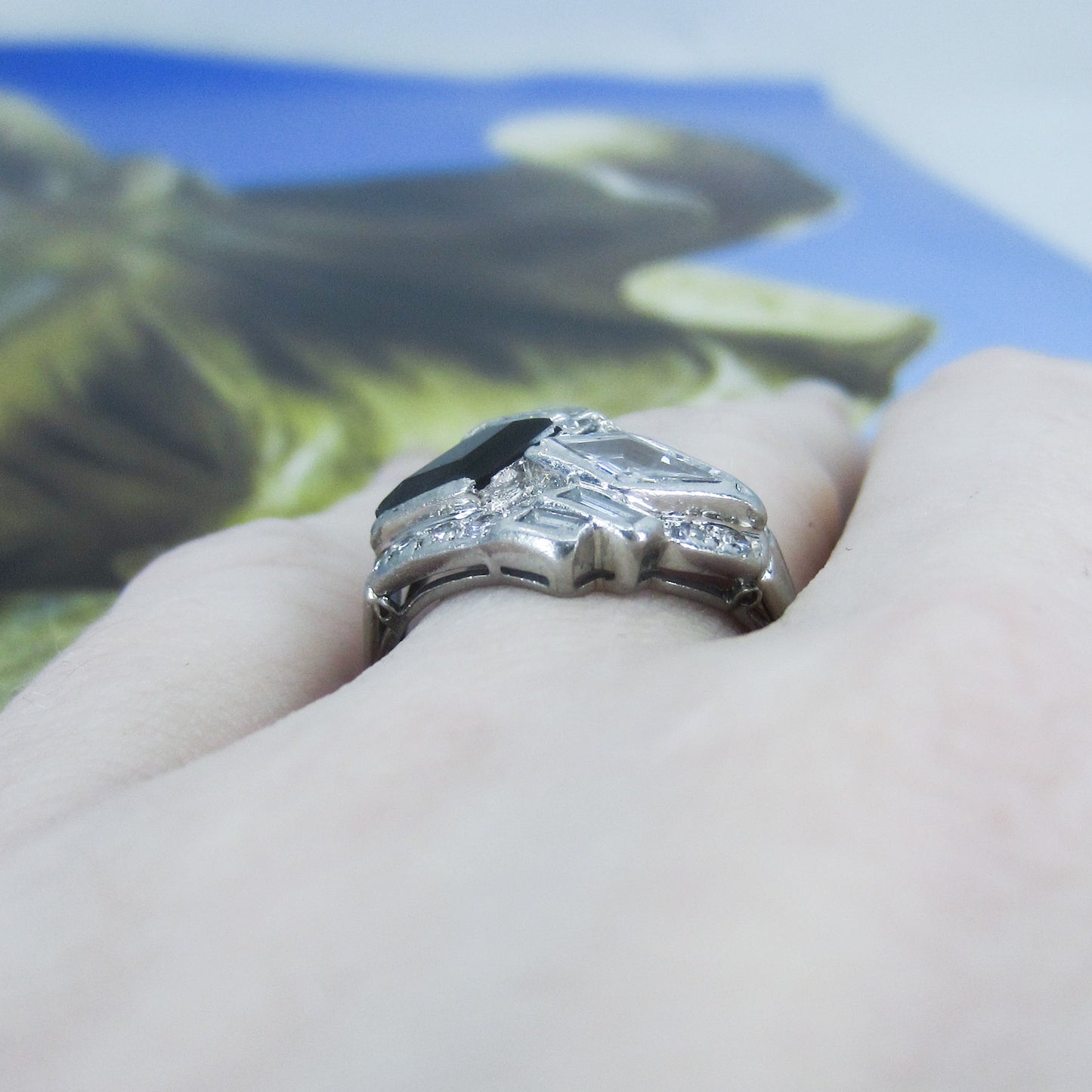 SOLD-Art Deco Kite Shaped Diamond and Sapphire Ring Platinum c. 1930