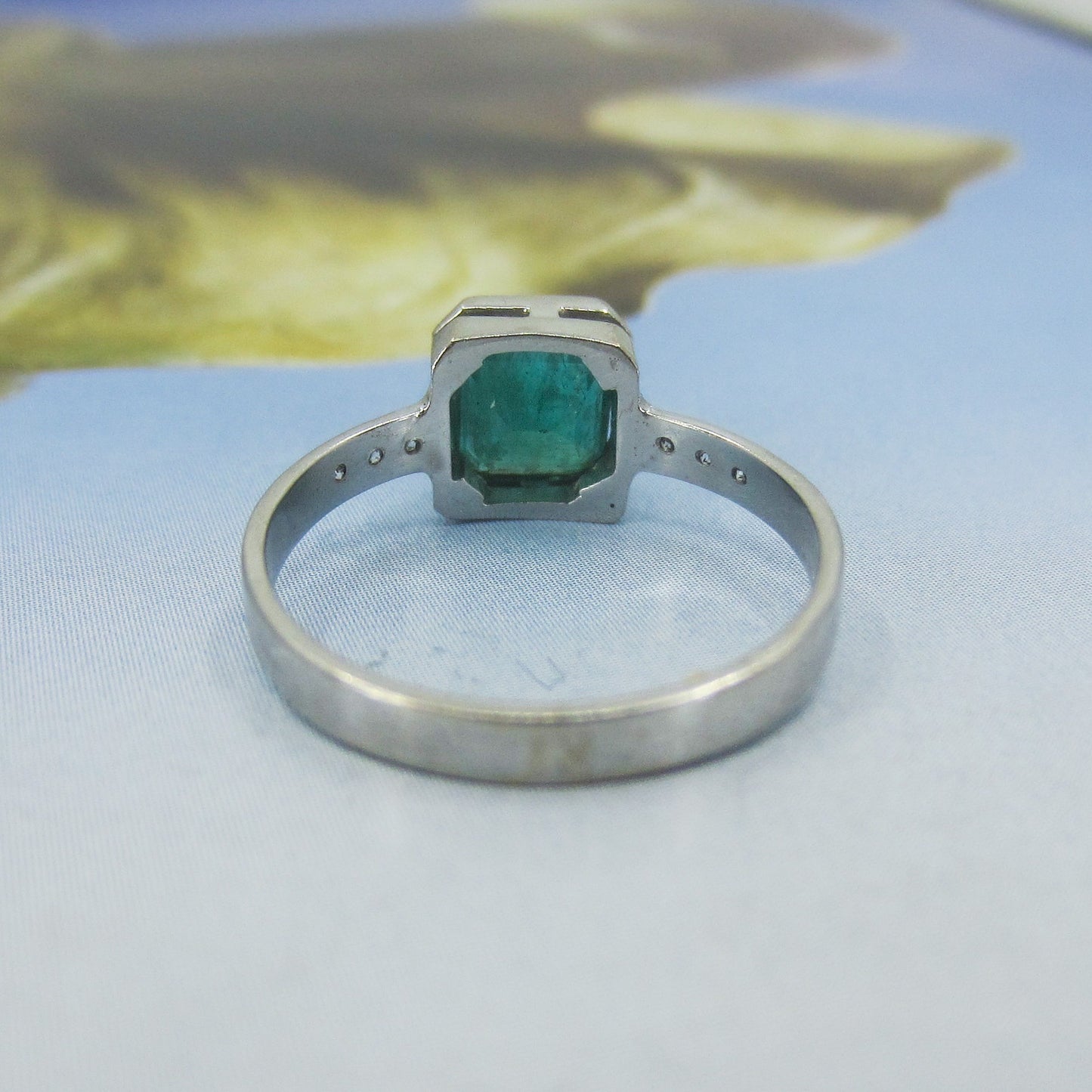 SOLD-Vintage Bezel Set Emerald and Diamond Ring 18k c. 1990